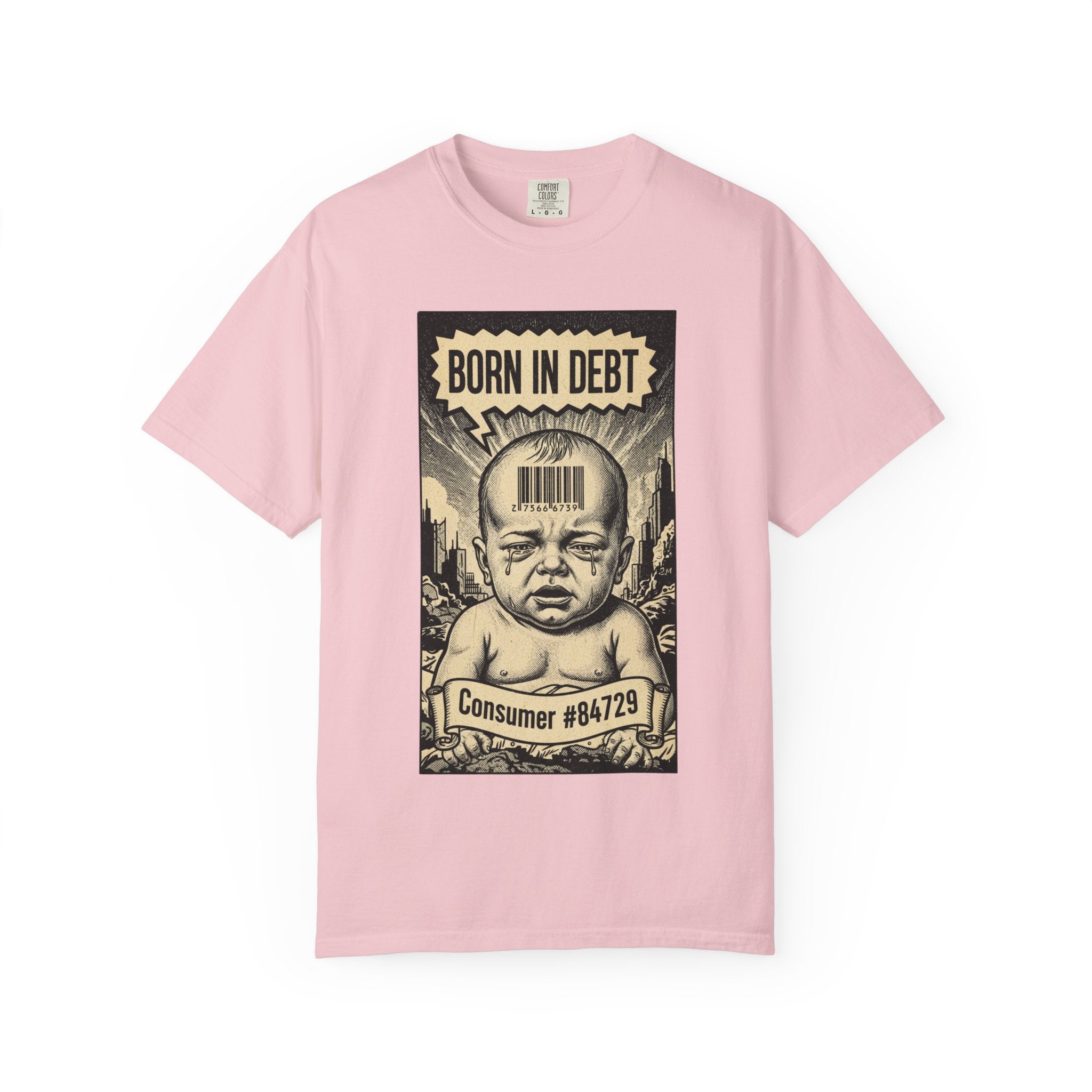 Born in Debt Shirt - Consumer Culture Satire T-Shirt - Financial Debt Awareness Tee - Vintage Comic Graphic - Sarcastic Social Commentary Gift Blossom
