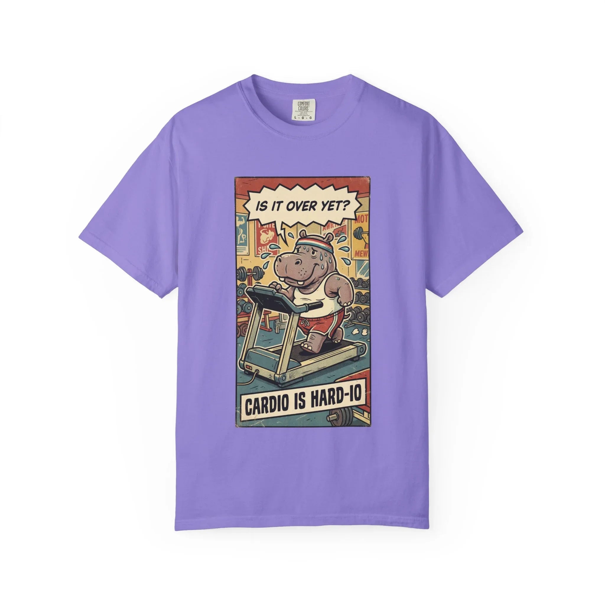 Funny Hippo Cardio Shirt - "Cardio is Hard-io" Retro Gym Tee - Vintage Sarcastic Workout T-Shirt - Humorous Exercise Fitness Gift - Distressed Comic Style Streetwear Violet