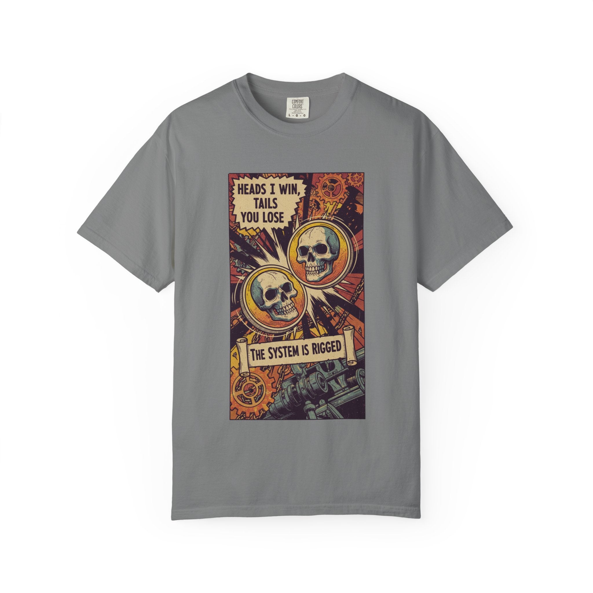 The System Is Rigged T-Shirt - Vintage Satirical Skull Graphic - Dark Humor Chess Pawn Tee - Retro Propaganda Streetwear Grey