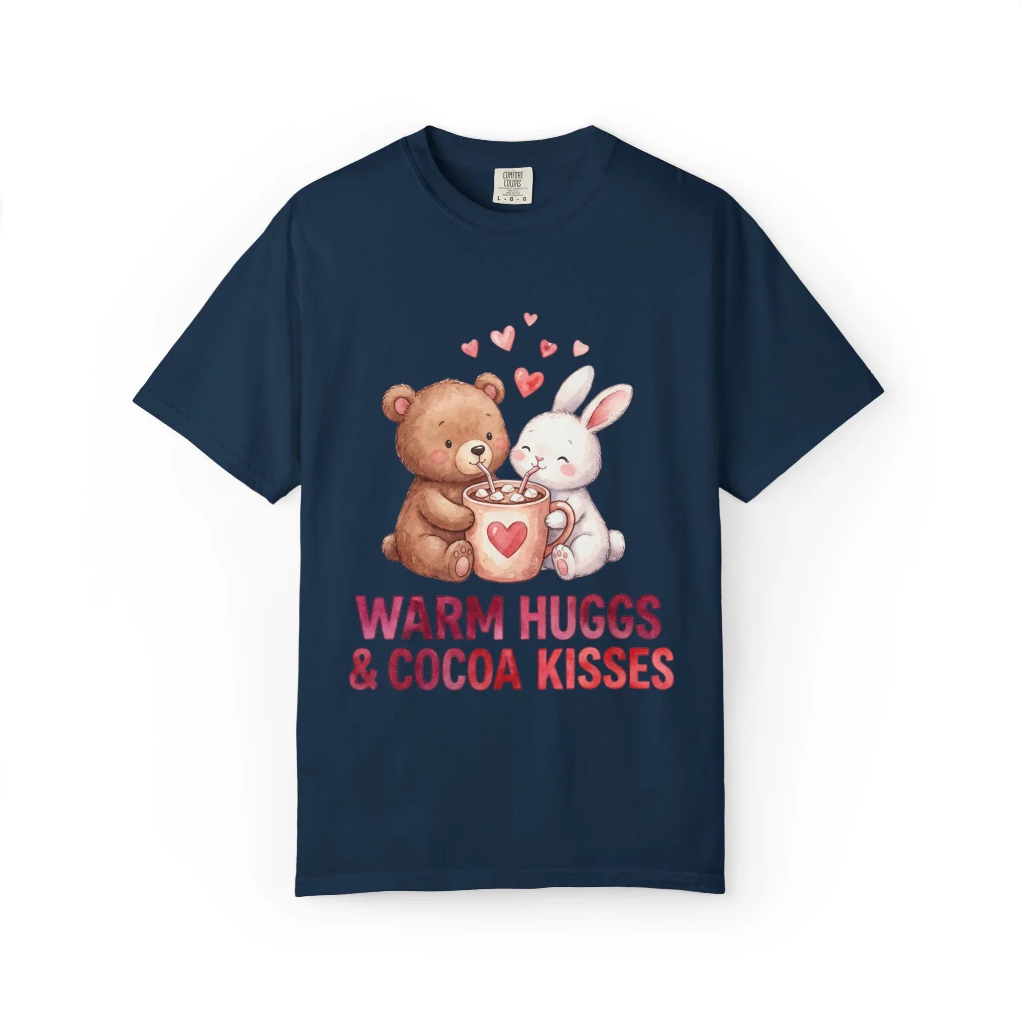 Warm Hugs and Cocoa Kisses T-Shirt | Bear Bunny Hot Cocoa Design | Cozy Winter Valentine Gift | Soft Vintage Aesthetic Tee True Navy