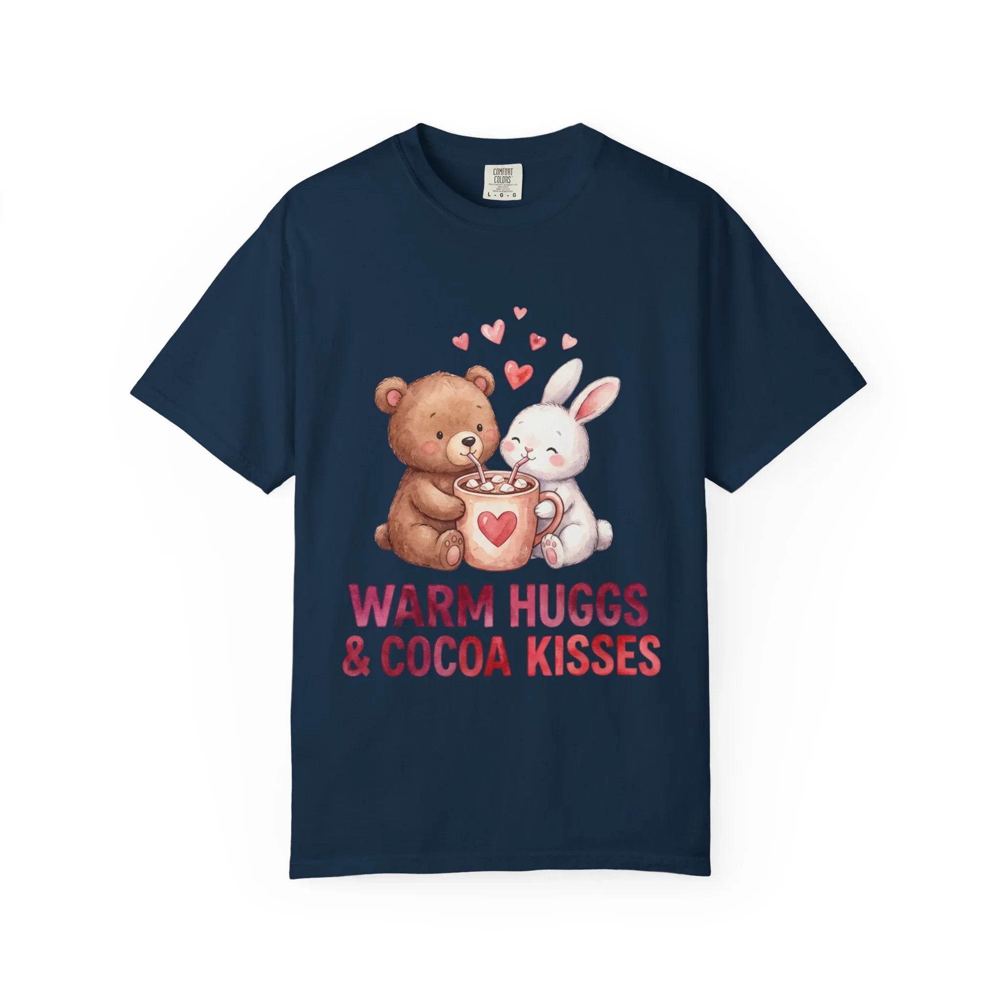 Warm Hugs and Cocoa Kisses T-Shirt | Bear Bunny Hot Cocoa Design | Cozy Winter Valentine Gift | Soft Vintage Aesthetic Tee True Navy