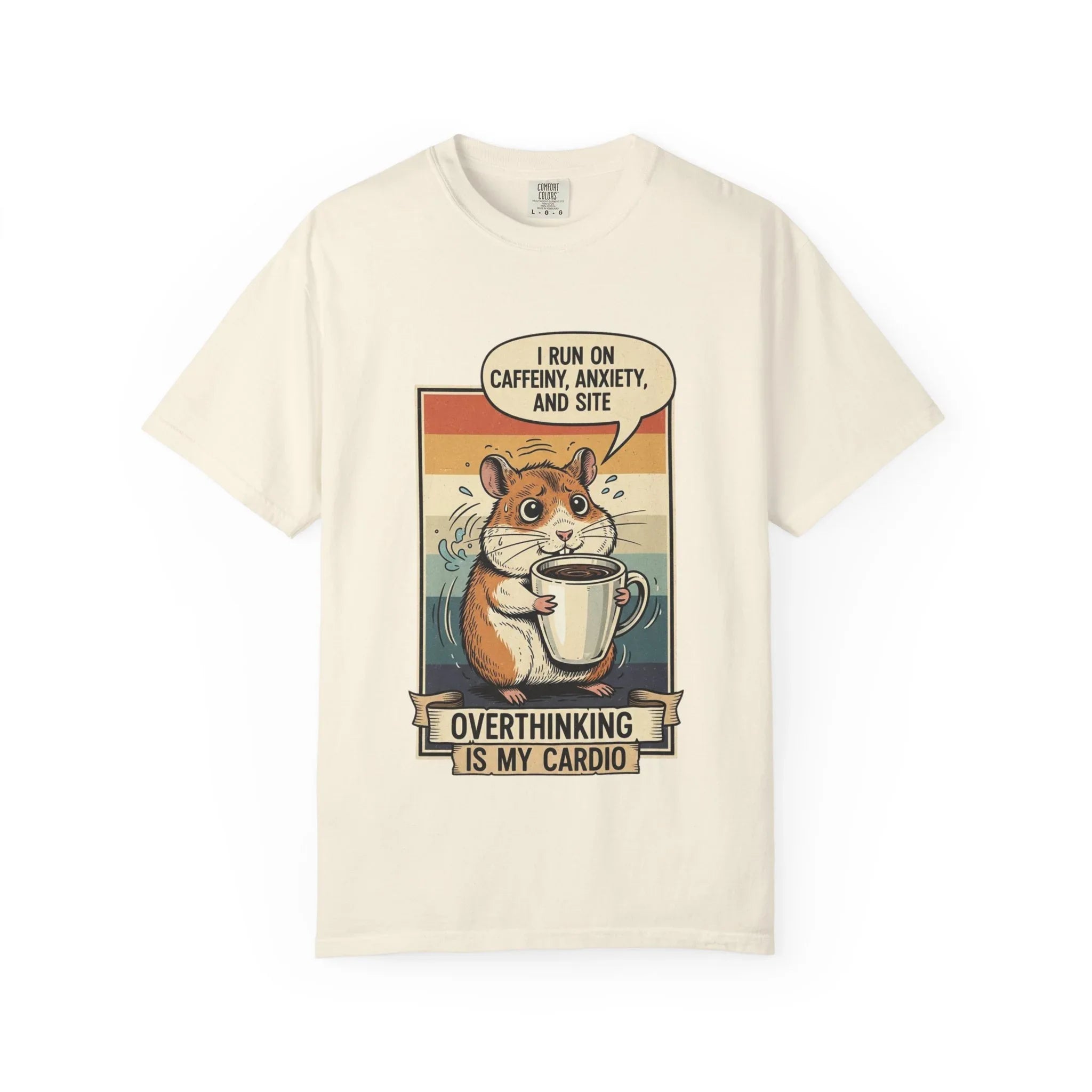 Funny Overthinking Hamster T-Shirt - "Overthinking is My Cardio" Retro Coffee Lover Gift - Sarcastic Mental Health Tee - Vintage Hamster Mom & Dad Gift - Nervous Animal Graphic Top Ivory