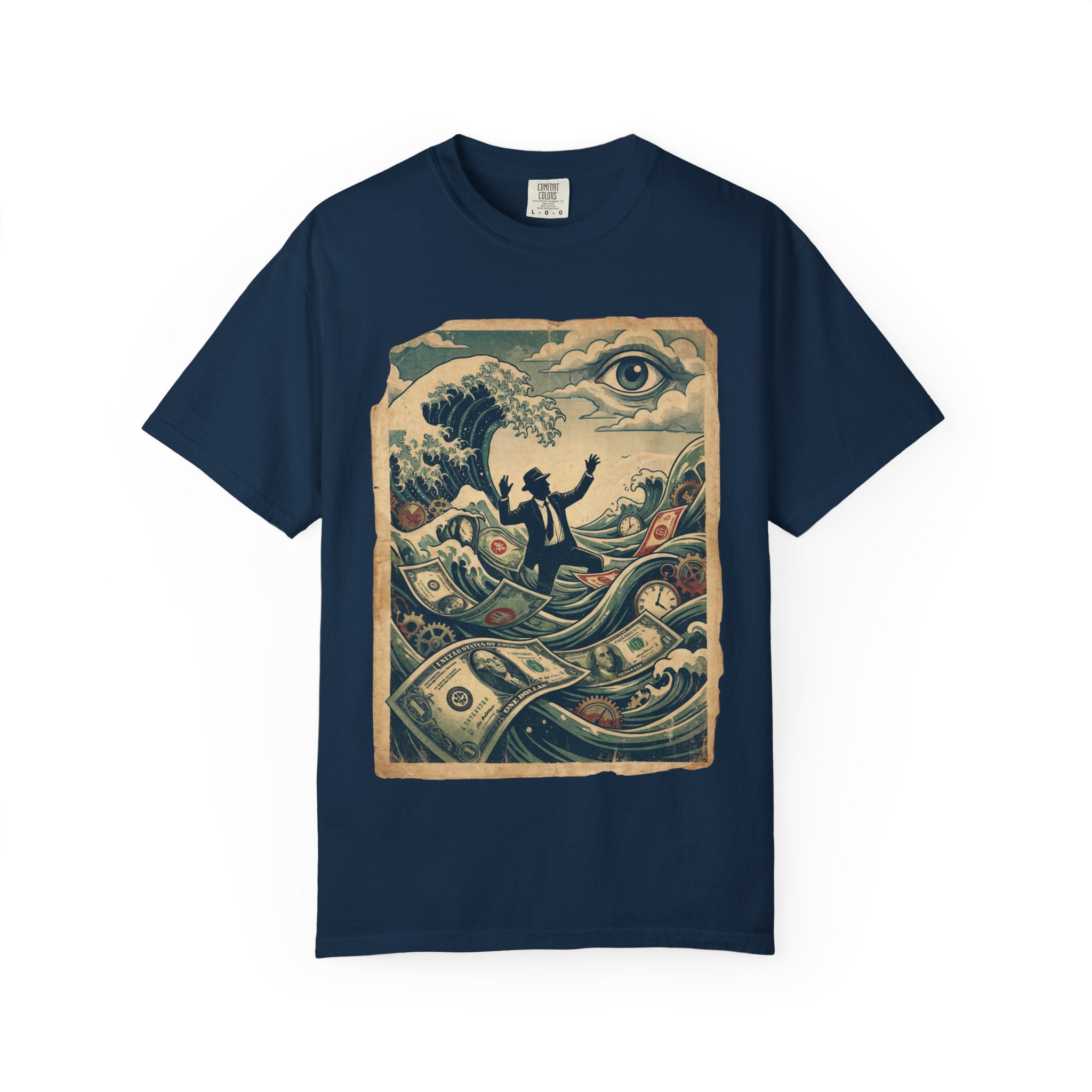 Vintage Dystopian Debt Shirt, All-Seeing Eye Surreal Art Tee, Corporate Overload Graphic, Dark Academia Aesthetic, Gift for Economists, Philosophy Satire Unisex T-Shirt True Navy