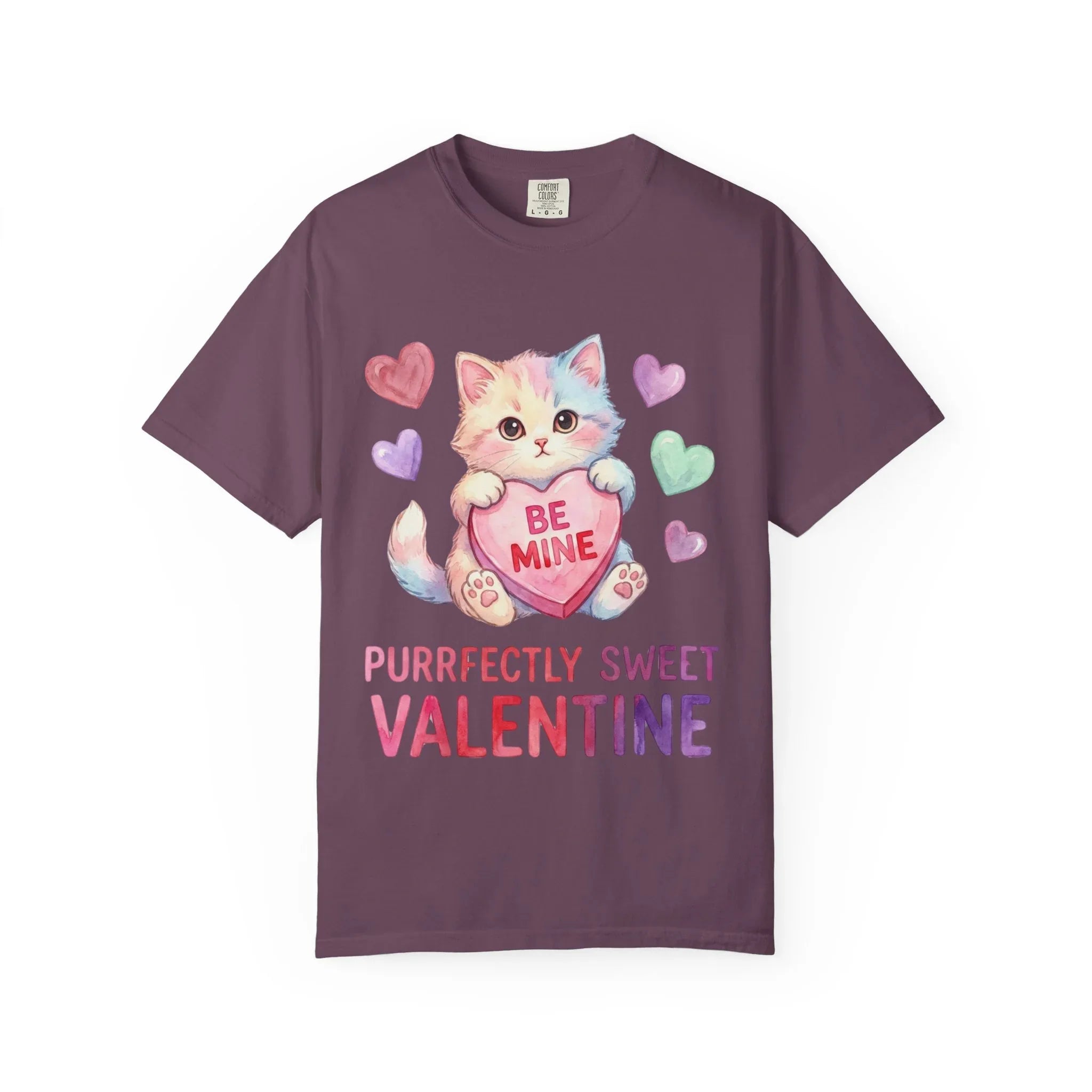 Purrfectly Sweet Valentine Cat T-Shirt | Be Mine Heart Design | Cute Pastel Kitten Tee | Cozy Romantic Gift for Cat Lovers Berry M