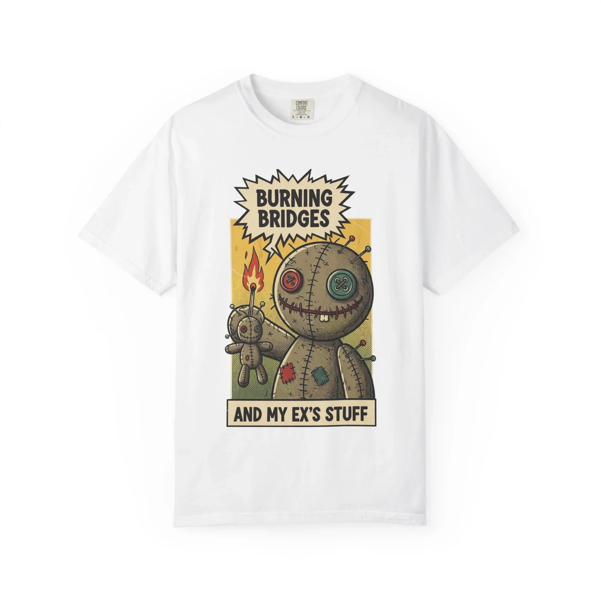 Burning Bridges Funny Breakup Shirt - Vintage Voodoo Doll Graphic Tee - Sarcastic Ex-Relationship T-Shirt - Retro Comic Dark Humor Gift - Mid-Century Aesthetic Streetwear White