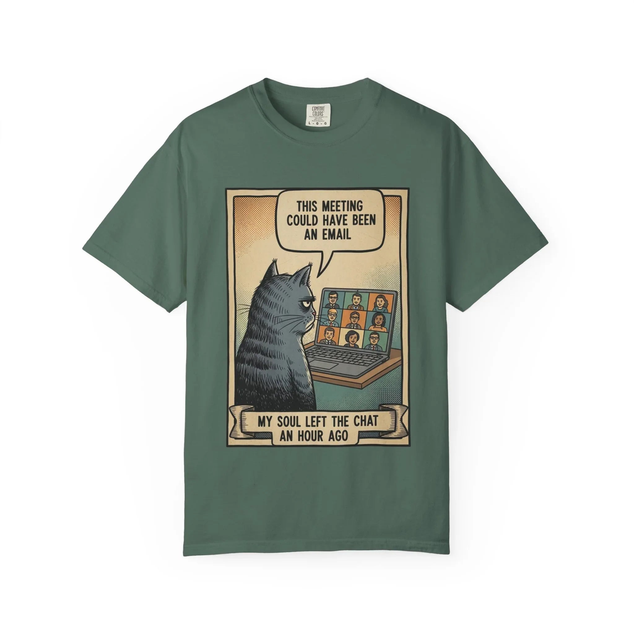 Funny Cat Work Shirt - "My Soul Left The Chat" Sarcastic Tee - Office Humor Gift for Coworker - Video Call Fatigue Meme Top - Work From Home (WFH) Uniform Blue Spruce