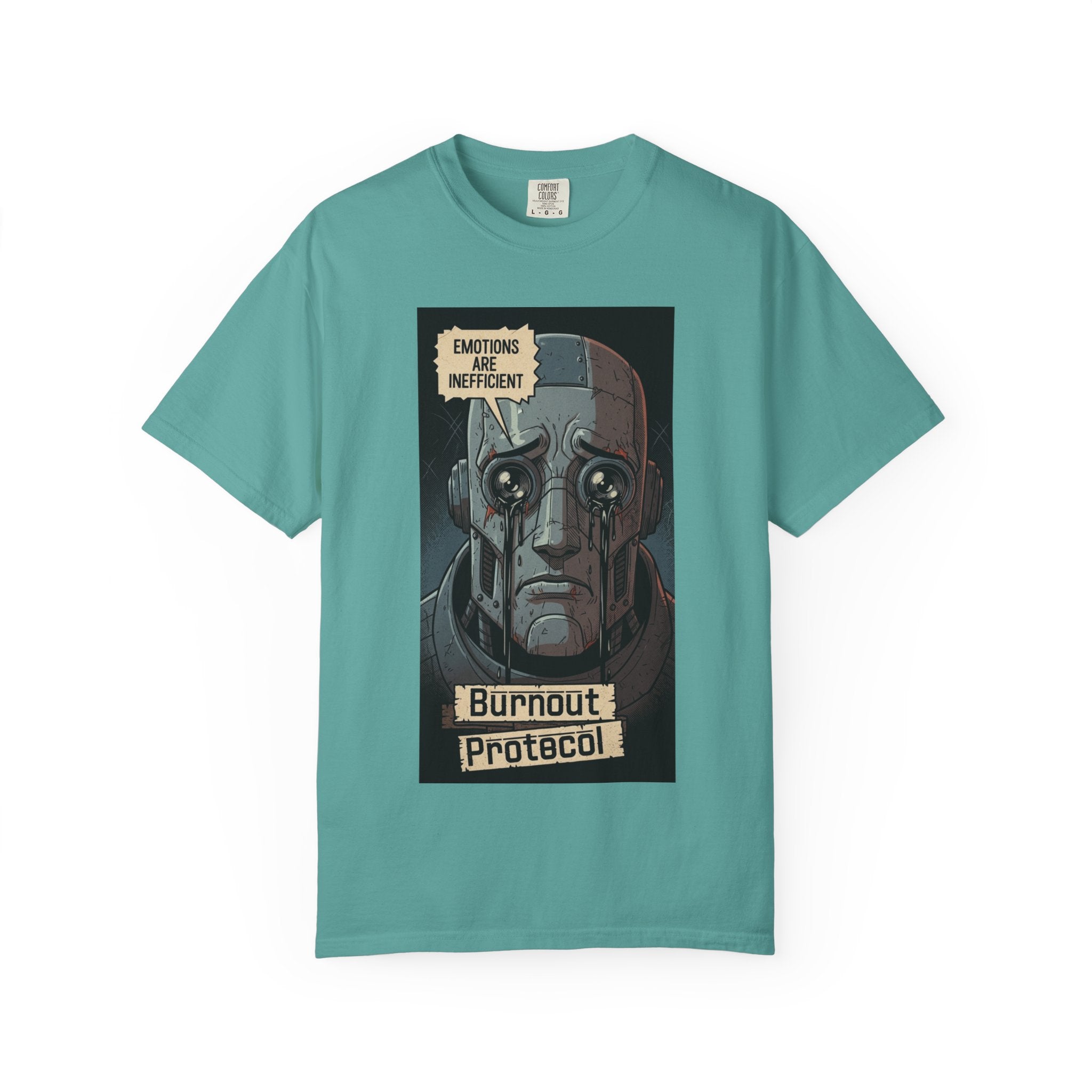 Burnout Protocol Robot Shirt Retro Comic Graphic Tee Sarcastic Android Emotions Are Inefficient Top Vintage Tech Gift for Engineers Seafoam