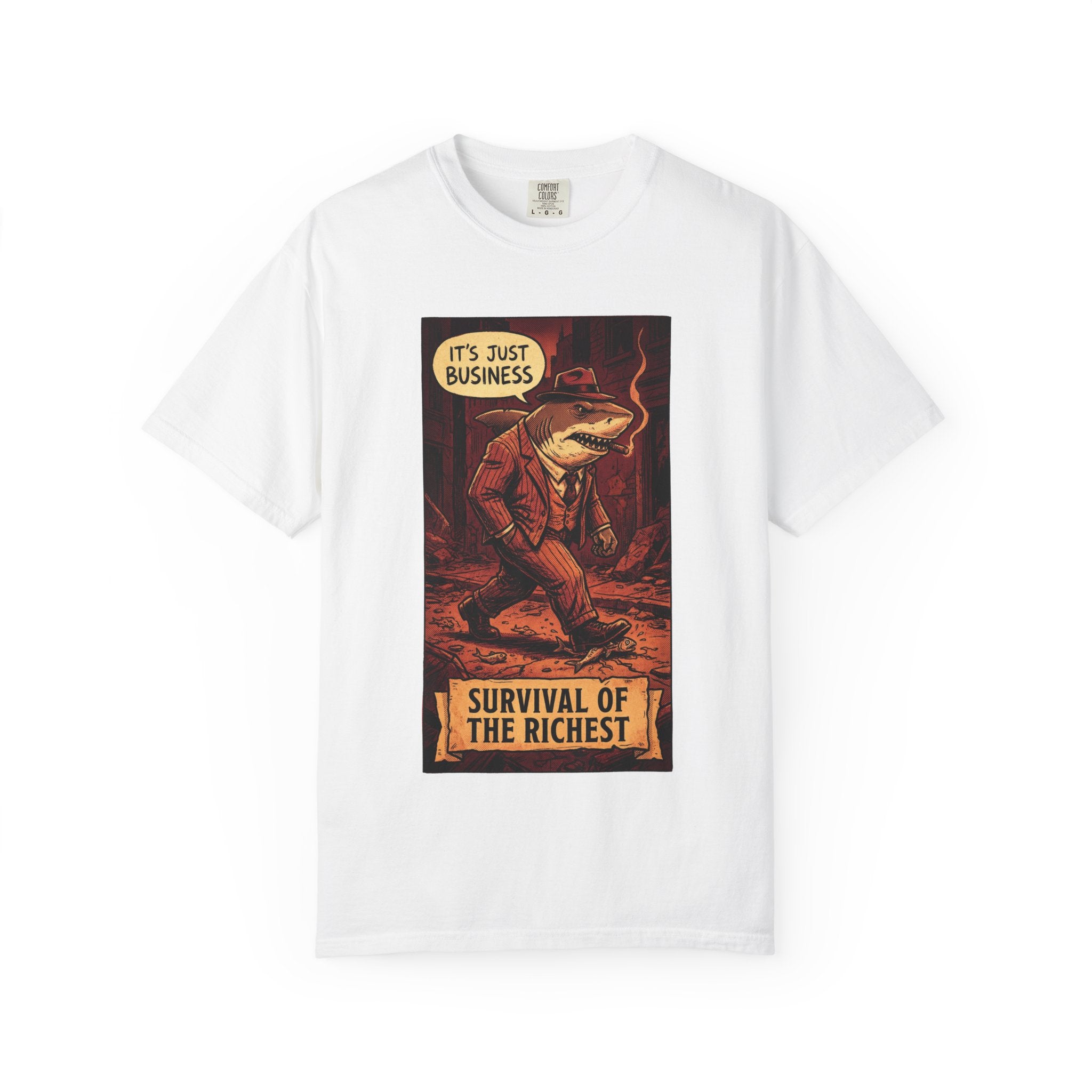 Survival of the Richest Vintage Comic Shirt | Retro Business Shark Satire Tee | Dark Humor Corporate Streetwear White