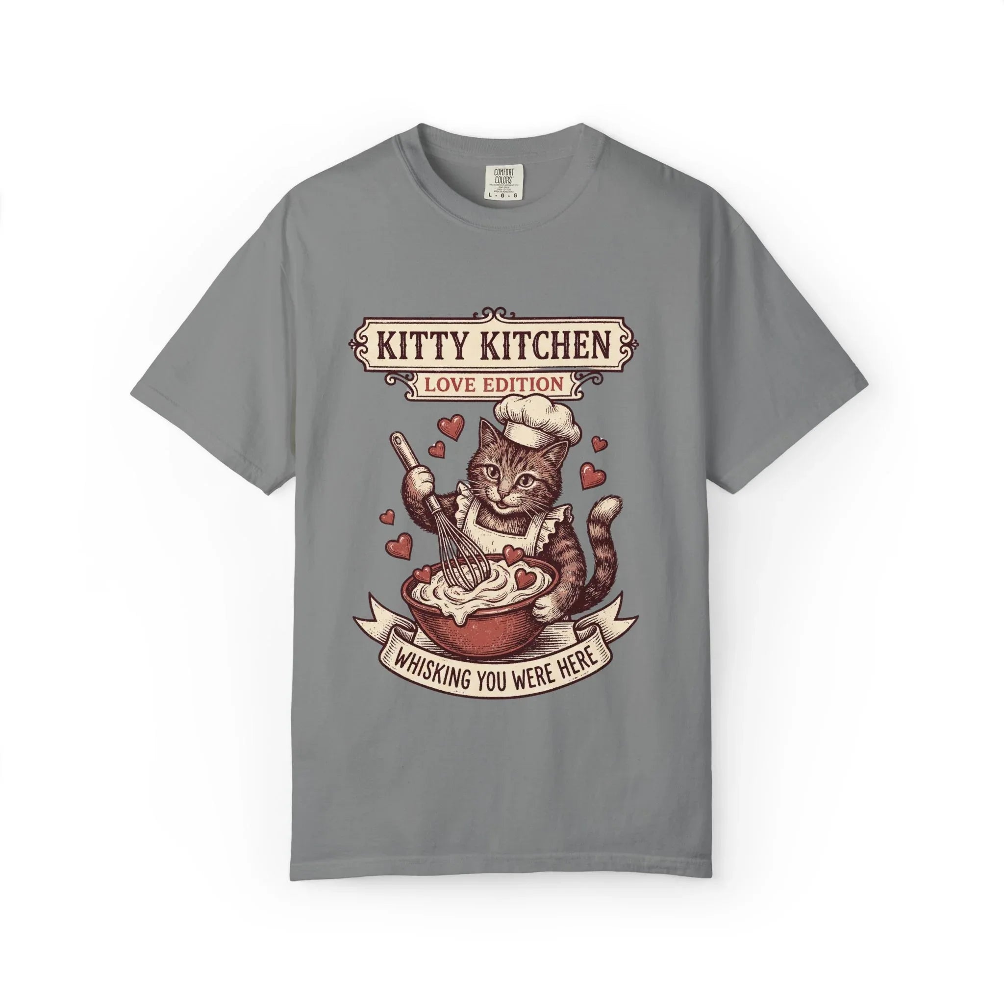 Kitty Kitchen Love T-Shirt | Vintage Cat Chef Whisking You Were Here Graphic Tee Grey