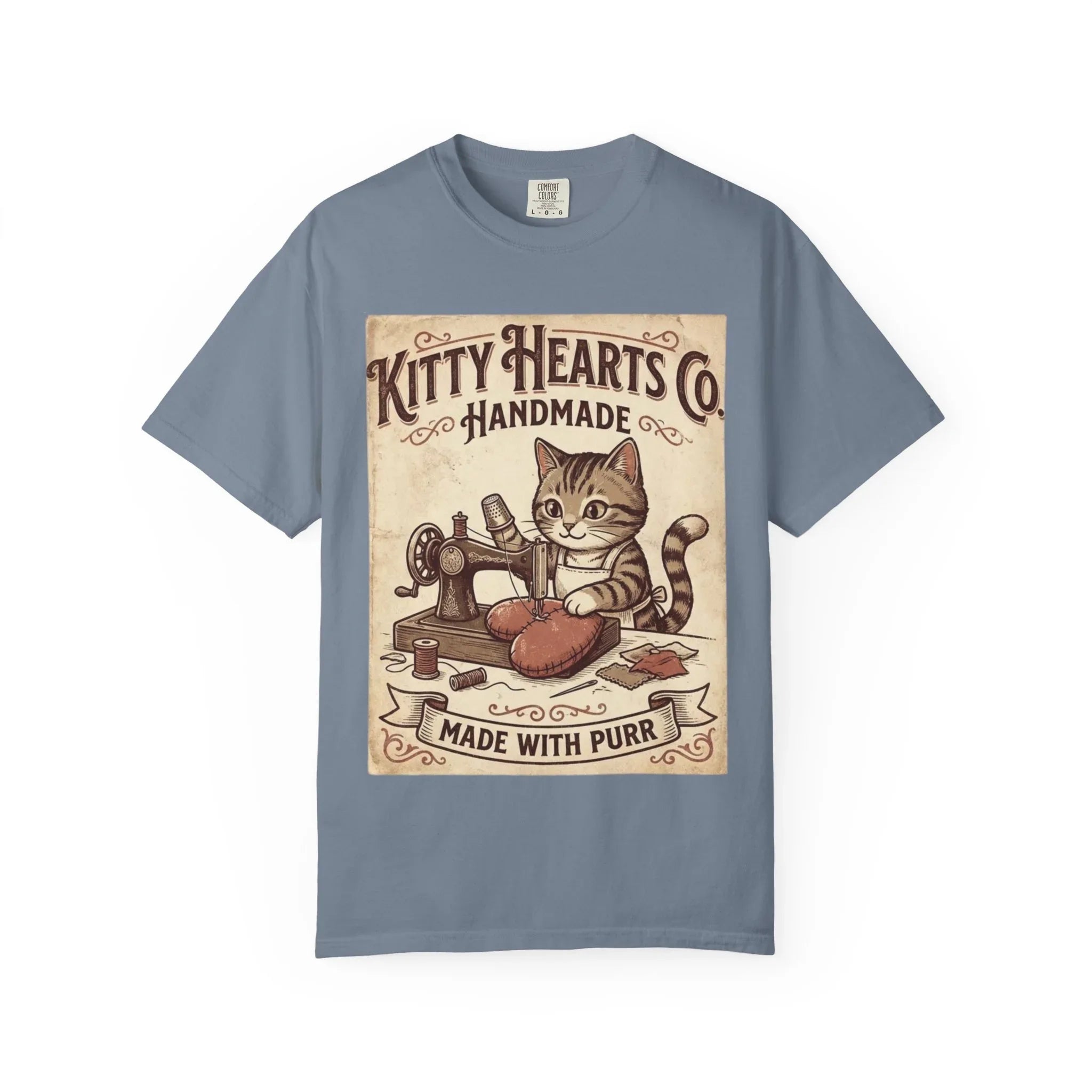 Kitty Hearts Co T-Shirt | Vintage Handmade Cat Sewing Made With Purr Graphic Tee Blue Jean