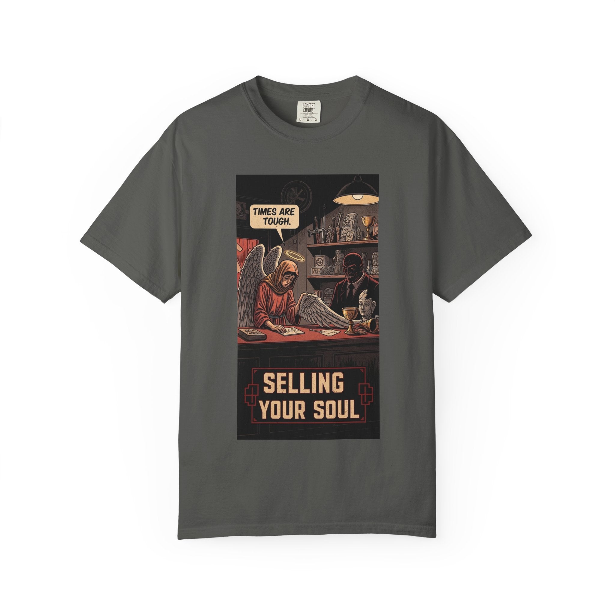 Selling Your Soul Shirt - Vintage Pawn Shop Satire Tee - Angel Social Commentary T-Shirt - Dark Humor Philosophy Gift - Retro Comic Graphic Apparel Pepper