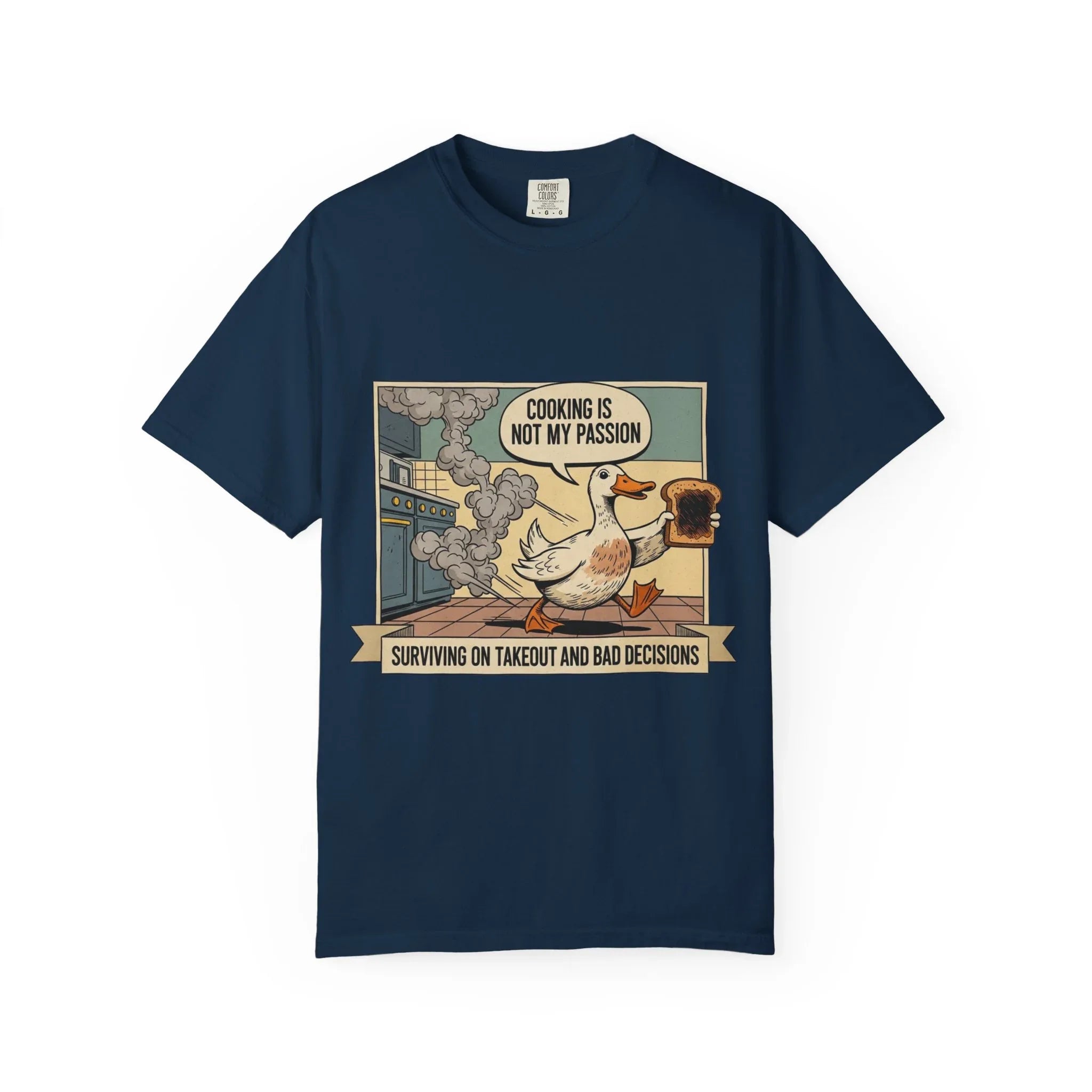 Funny Duck Cooking Shirt Retro Kitchen Fail Tee Sarcastic Foodie Gift Cooking Is Not My Passion Surviving On Takeout Shirt Vintage Cartoon True Navy