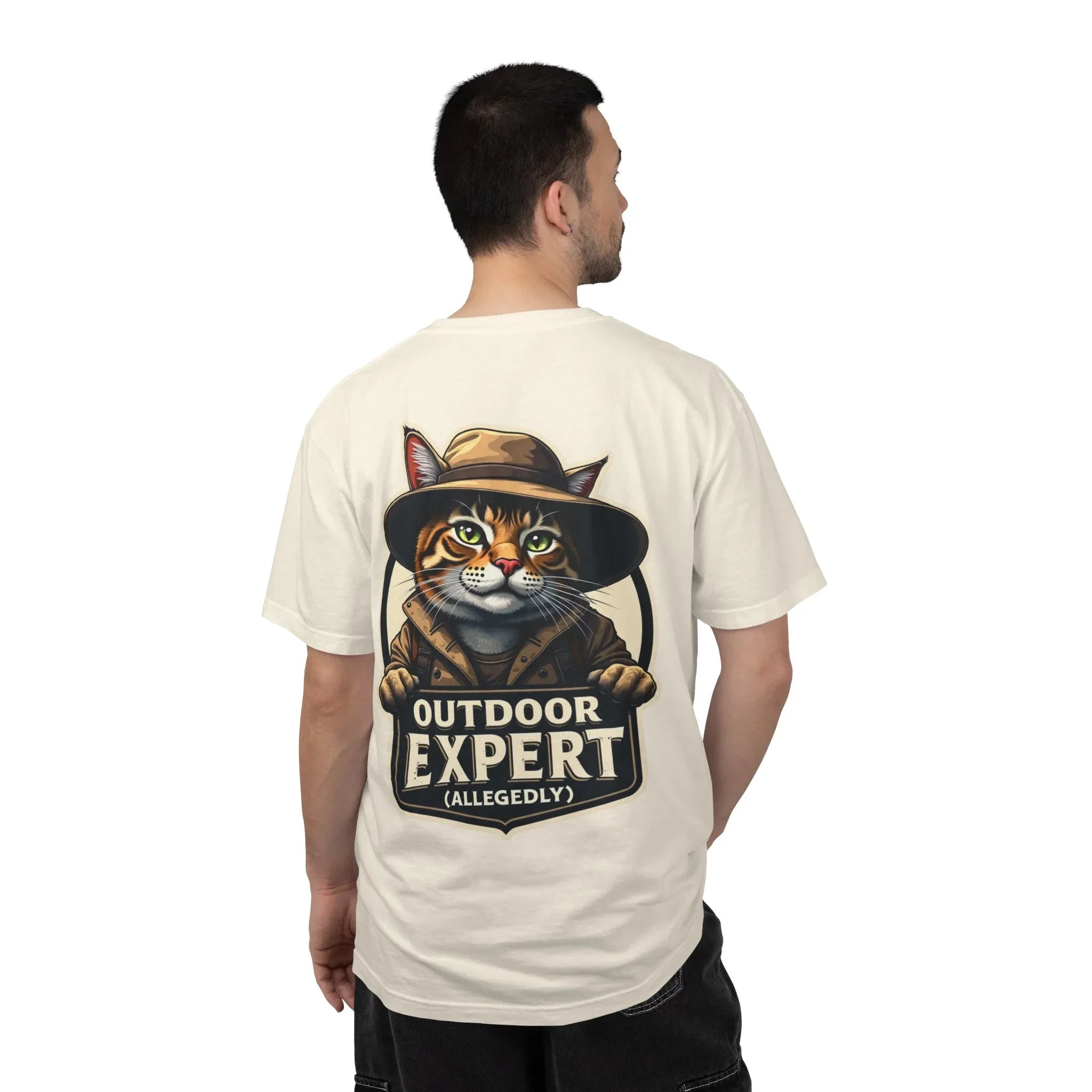 Outdoor Expert Cat T-Shirt, Outdoor Expert (Allegedly) Back Print Tee, Funny Camping Cat in Fedora Badge, Unisex Garment-Dyed Ivory