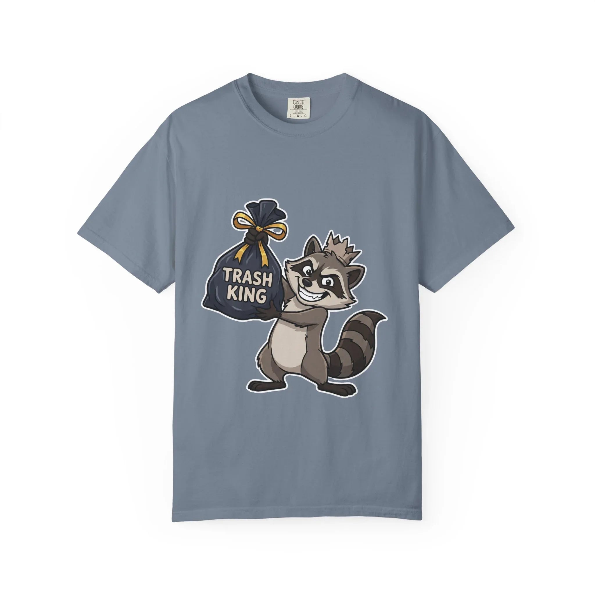 Trash King Raccoon Shirt, Funny Trash Panda Tee, Crown Trash Bag Graphic T-Shirt, Meme Streetwear Gift, Sarcastic Animal Humor Blue Jean