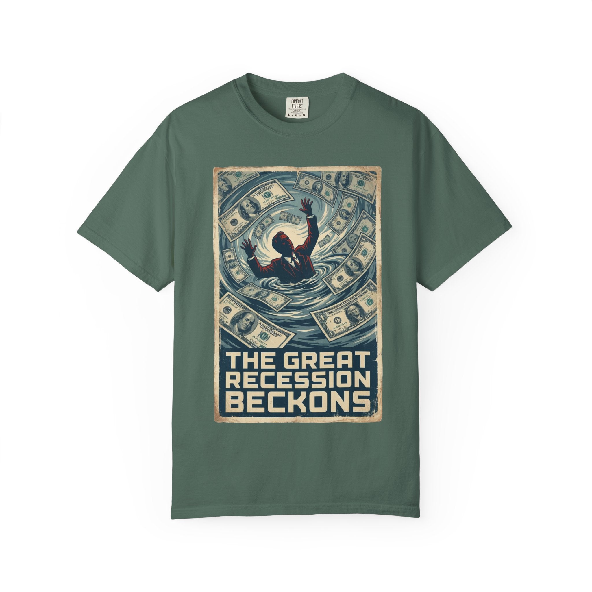 💰The Great Recession Beckons T-Shirt - Vintage Retro Propaganda Art - Economic Satire Tee - Distressed Financial Crisis Shirt - Aesthetic Streetwear Blue Spruce