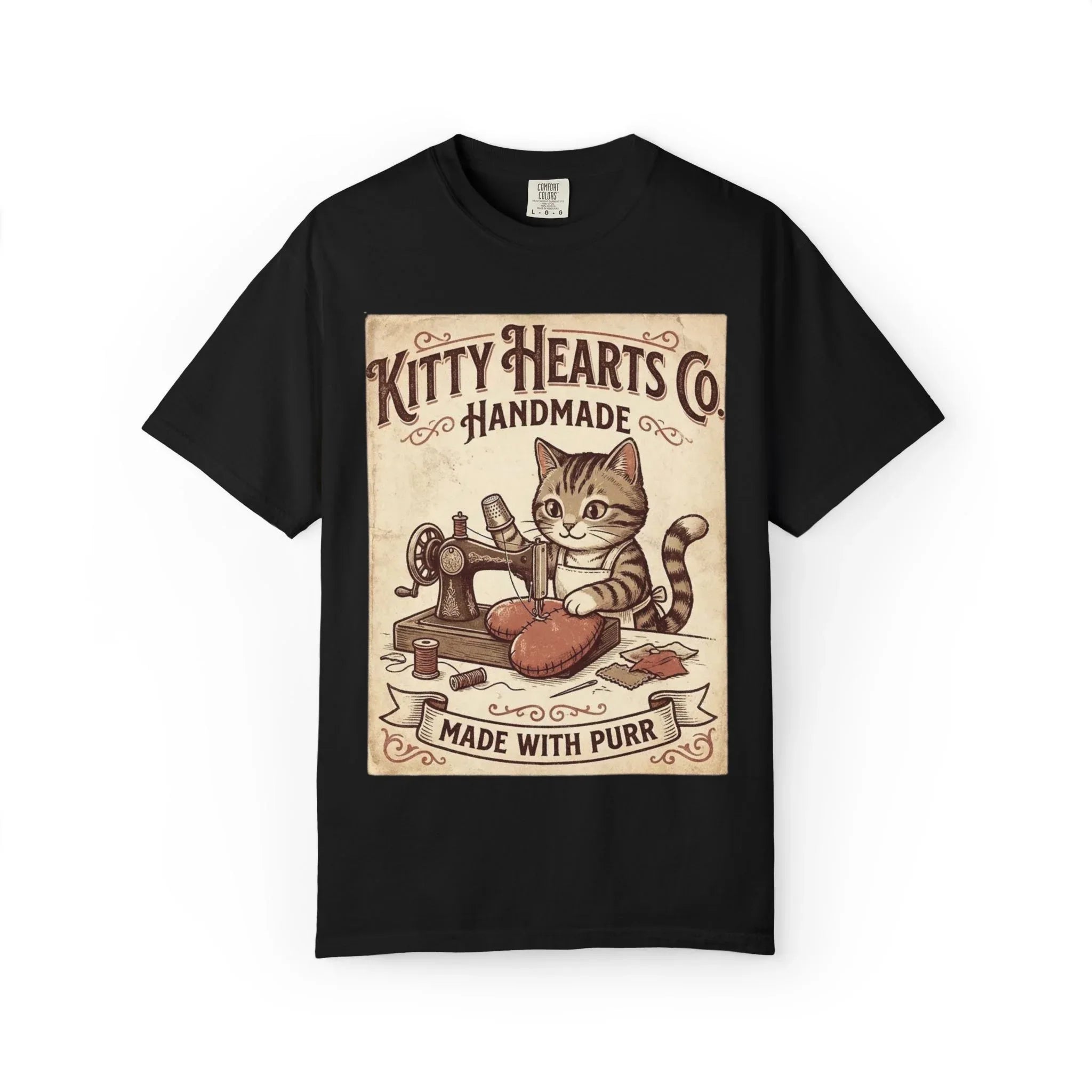 Kitty Hearts Co T-Shirt | Vintage Handmade Cat Sewing Made With Purr Graphic Tee Black
