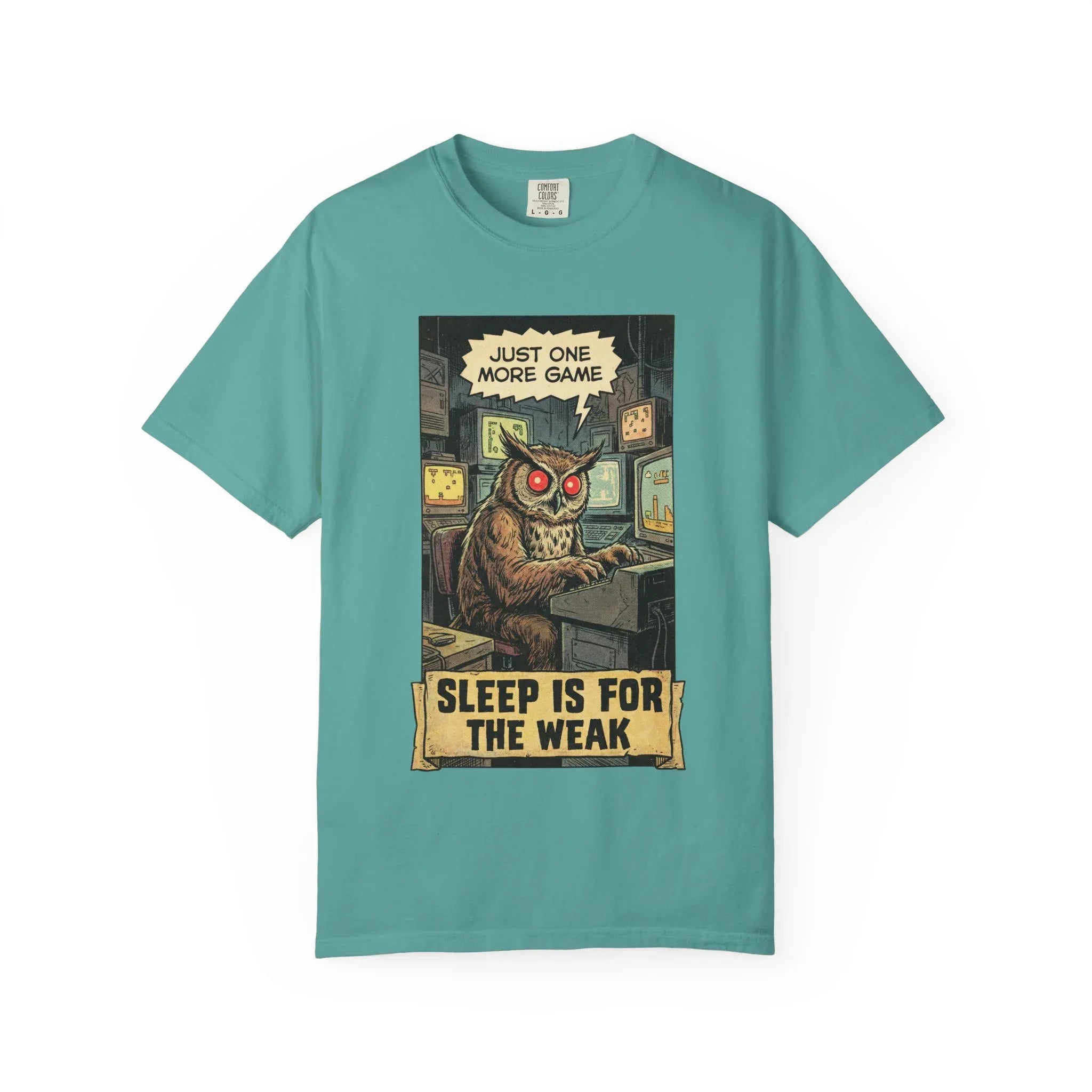 Funny Gamer Owl Shirt - "Just One More Game" Retro T-Shirt - Sarcastic Sleep is for the Weak Graphic Tee - Vintage Night Owl Gaming Gift - Gamer Husband & Boyfriend Gift Seafoam