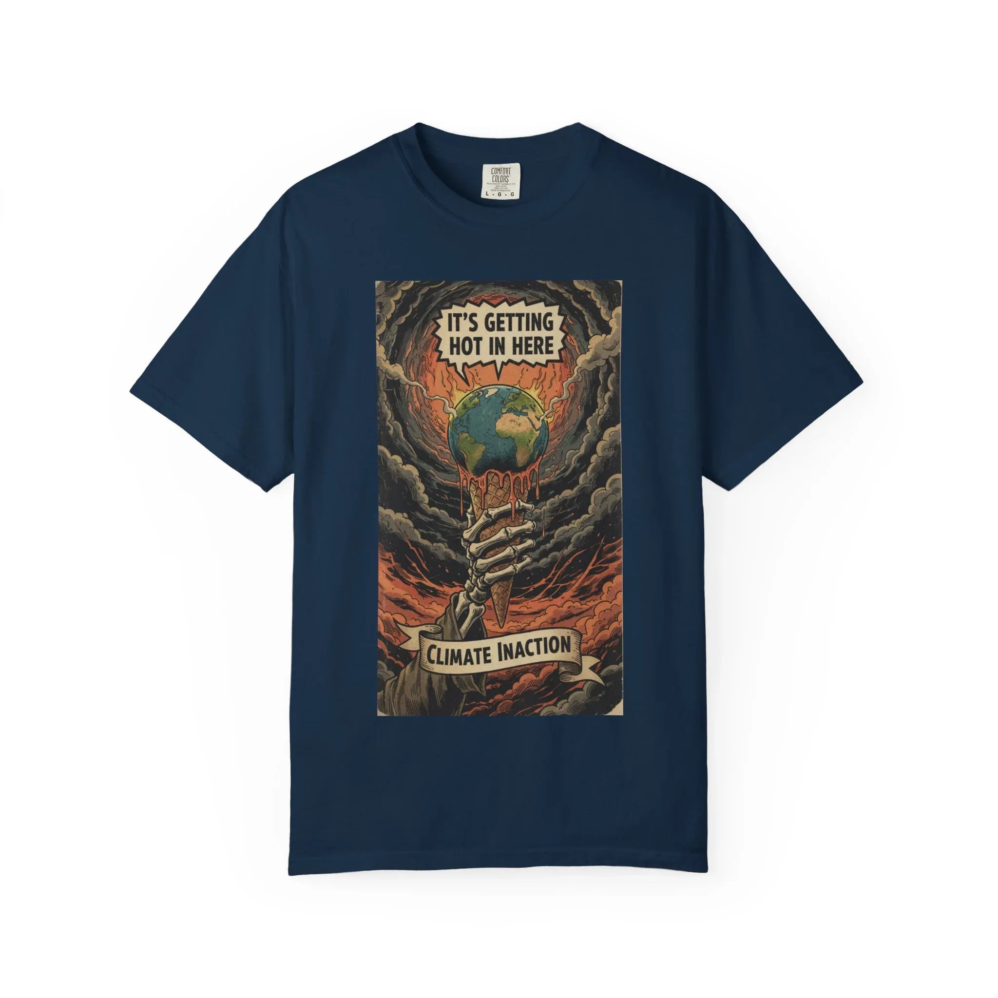 Climate Inaction Skeleton Melting Earth Shirt - Vintage Graphic Global Warming Activist Tee - Retro Aesthetic Sarcastic Eco-Friendly Gift - Heavyweight Garment-Dyed Unisex T-shirt True Navy
