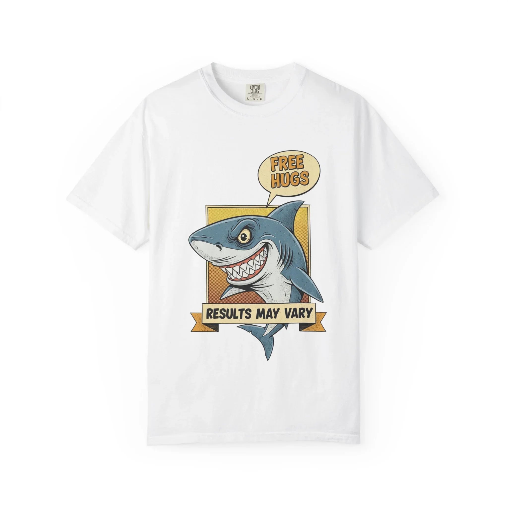 Funny Shark Shirt - "Free Hugs" Sarcastic Vintage Graphic Tee - Results May Vary Dark Humor Gift - Retro Great White Shark Top - Men's & Women's Dad Joke Clothing