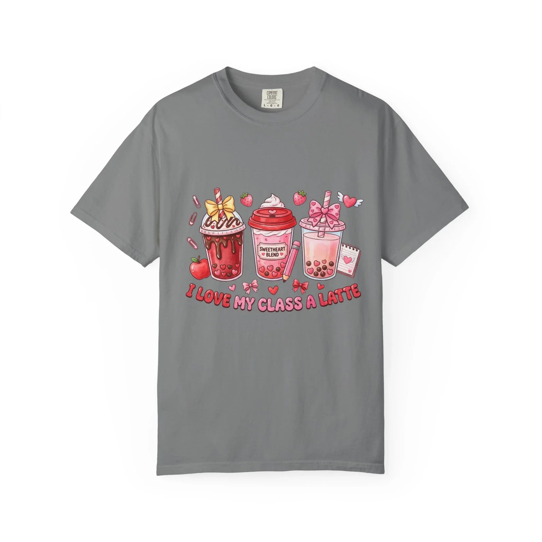 Strawberry Boba Drinks T-Shirt | I Love My Class A Latte Design | Cute Kawaii Bubble Tea Tee | Vintage Foodie Aesthetic Gift Grey