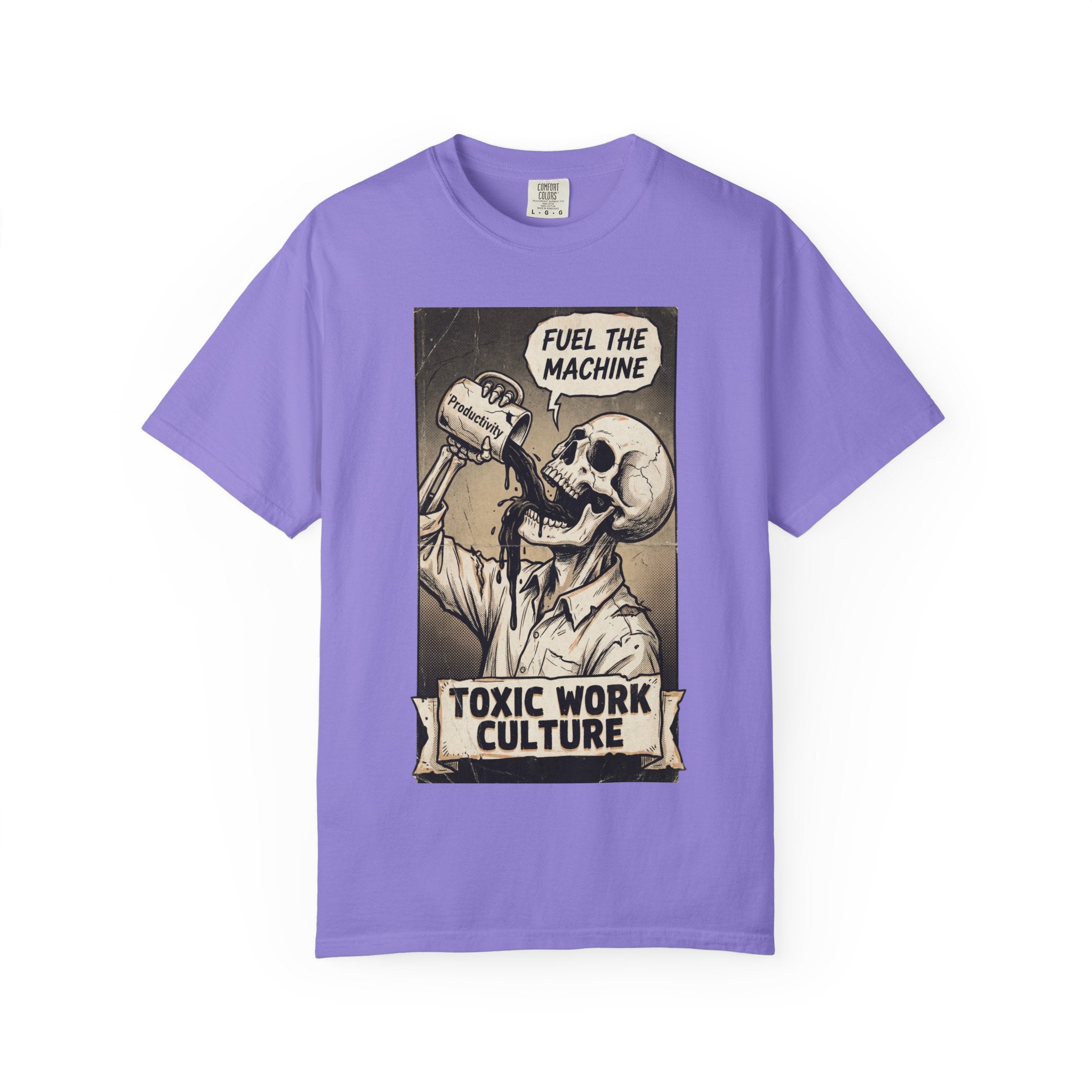 Toxic Work Culture Shirt, Fuel The Machine Skeleton Tee, Productivity Coffee Graphic, Sarcastic Office Worker Gift, Vintage Grunge Streetwear Violet