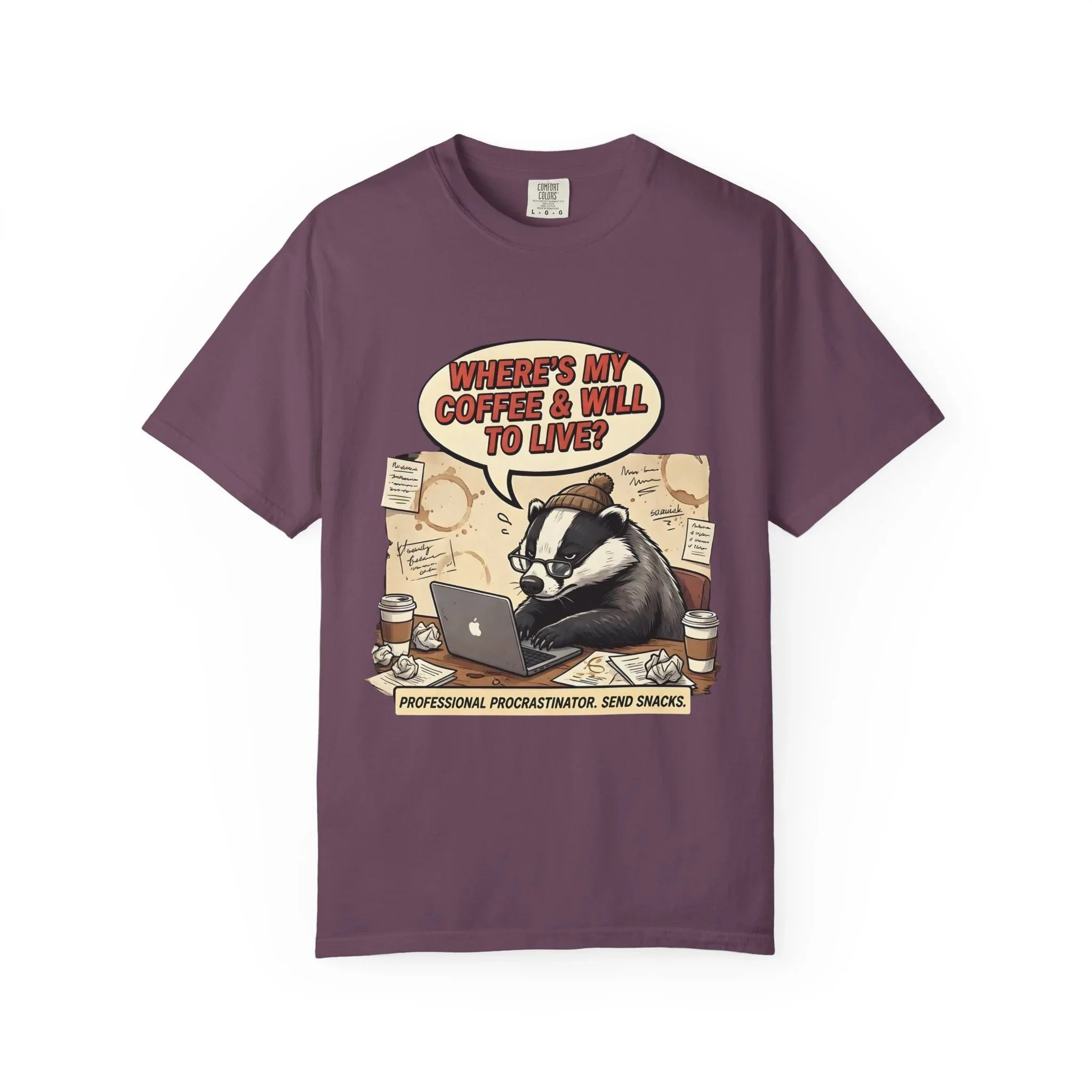 Where's My Coffee and Will to Live Badger T-Shirt | Procrastination Coffee Design | Funny Freelancer Gift | Vintage Sarcastic Humor Tee Berry M