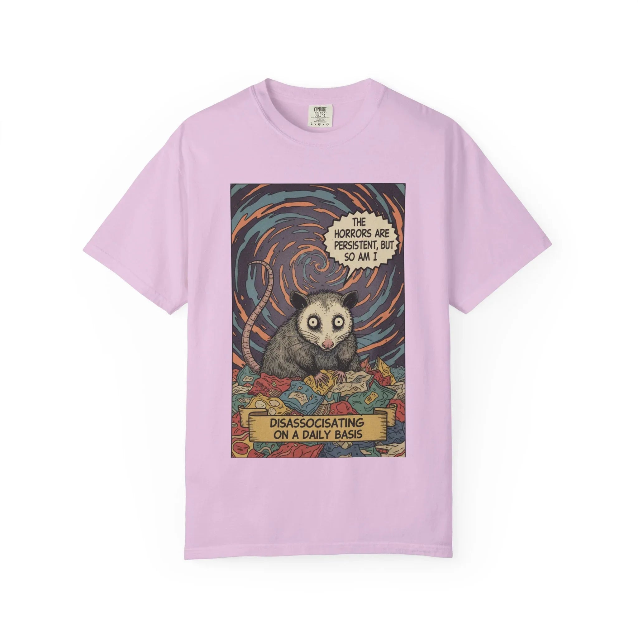 Funny Opossum Shirt The Horrors Are Persistent But So Am I T-Shirt Dissociating Daily Meme Gift Retro Possum Art Weirdcore Graphic Tee Orchid