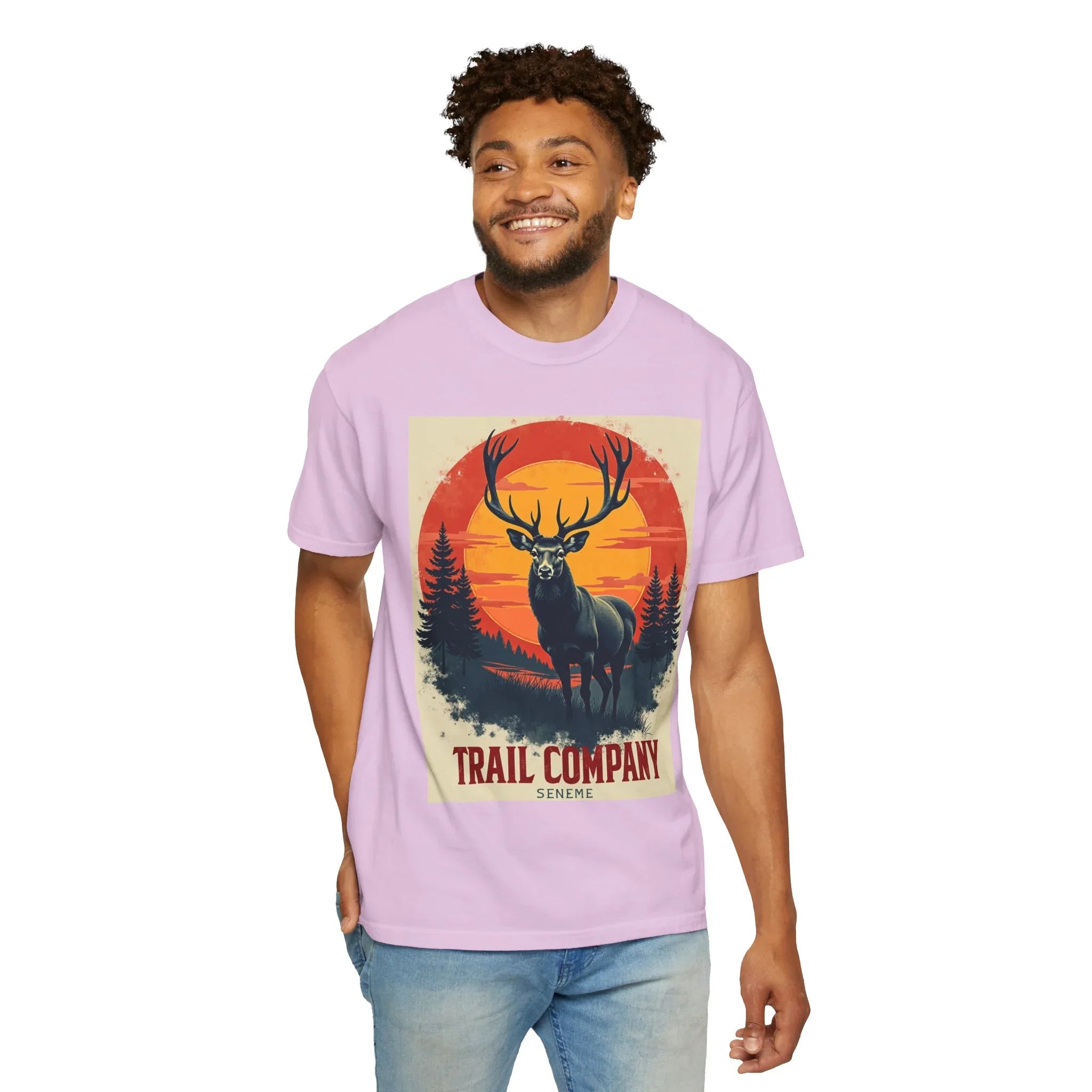 Stag Sunset Trail Company Shirt, Vintage Elk Deer Tee, Retro Sunset Forest T-Shirt, Hiking Camping Cabin Outdoors Gift Orchid
