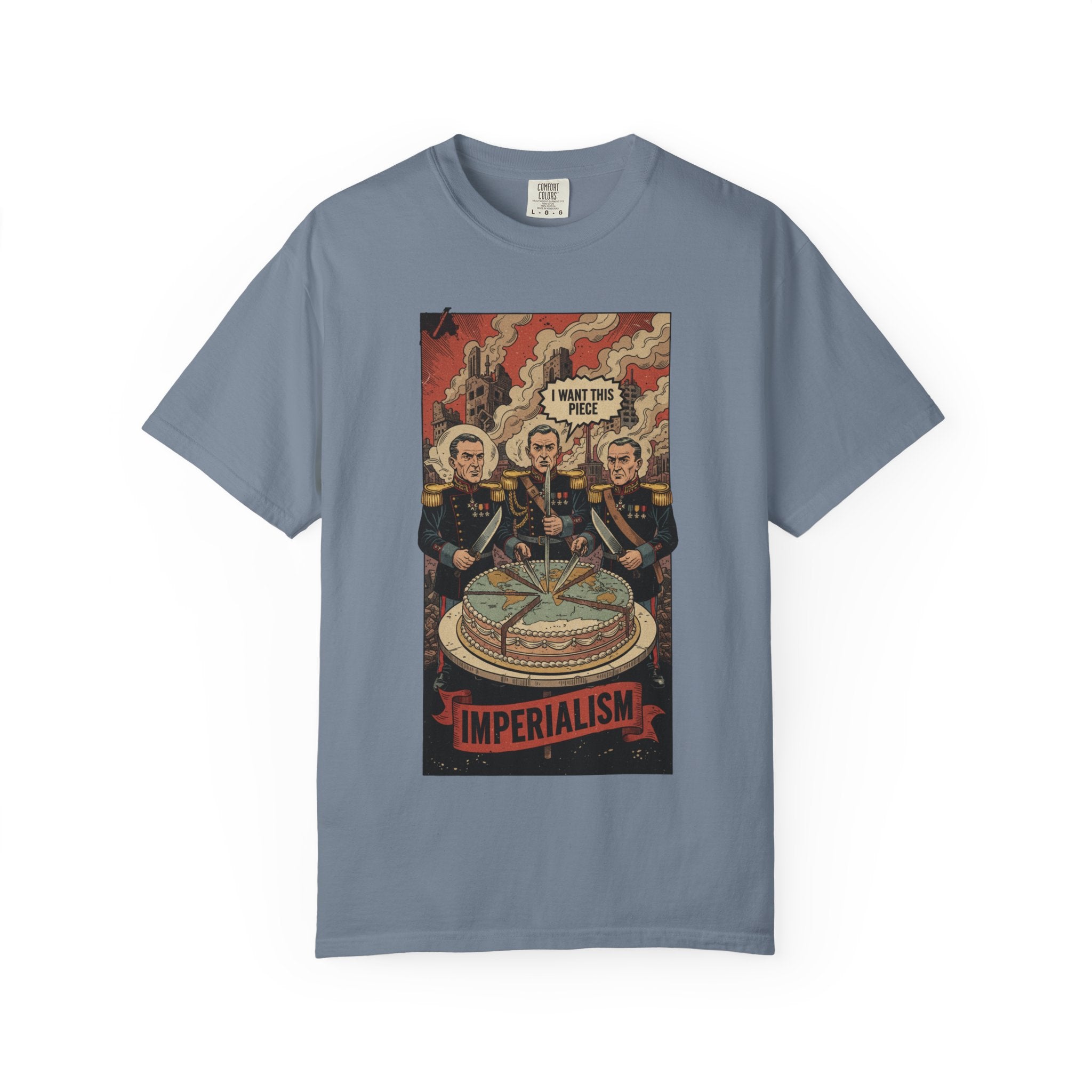 Imperialism World Cake T-Shirt - Political Satire Tee - Vintage Comic Leadership Vacuum Shirt - Sarcastic History Gift Blue Jean