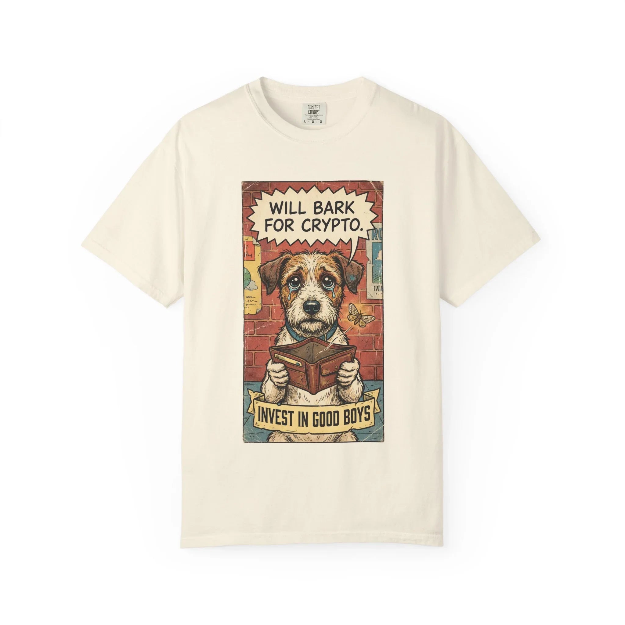 Funny Crypto Dog Shirt - Vintage Dogecoin Bitcoin Investor Gift - "Will Bark for Crypto" Graphic Tee - Retro Satirical Meme Clothing - HODL & Buy the Dip T-Shirt Ivory
