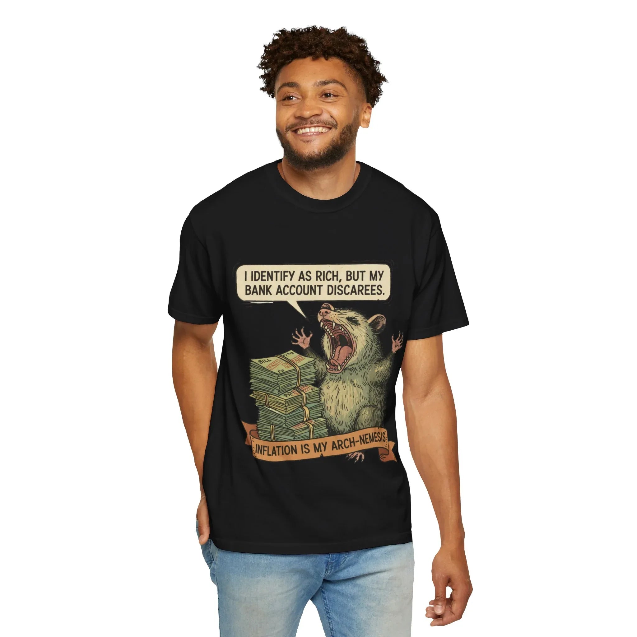 Funny Opossum Shirt I Identify As Rich Sarcastic Animal Meme Tee Screaming Opossum Gift for Friend Inflation Struggle Humor Top