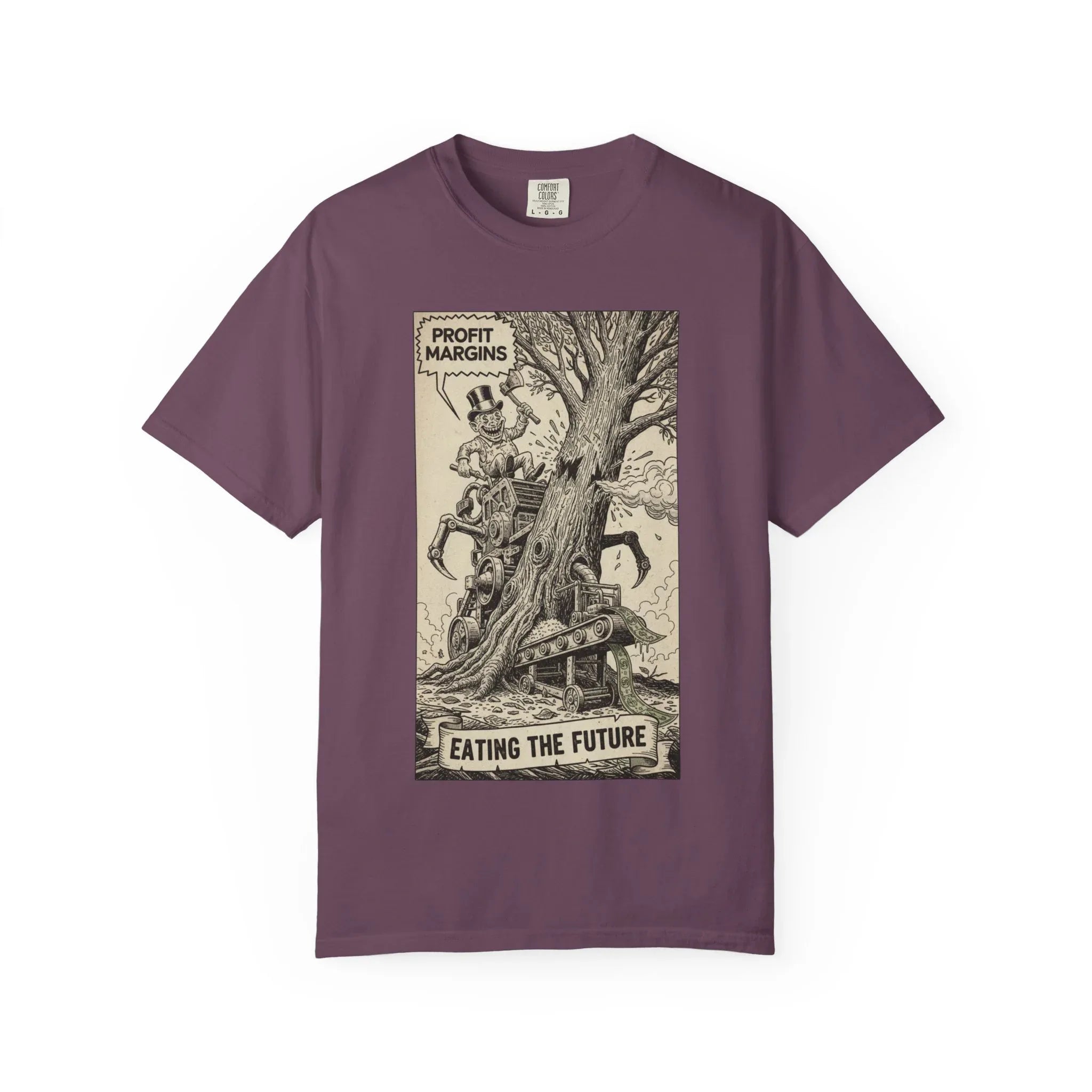 Eating The Future Shirt - Satirical Political Graphic Tee - Vintage Woodcut Eco Activist T-Shirt - Corporate Greed Social Commentary - Environmental Awareness Aesthetic Streetwear Berry