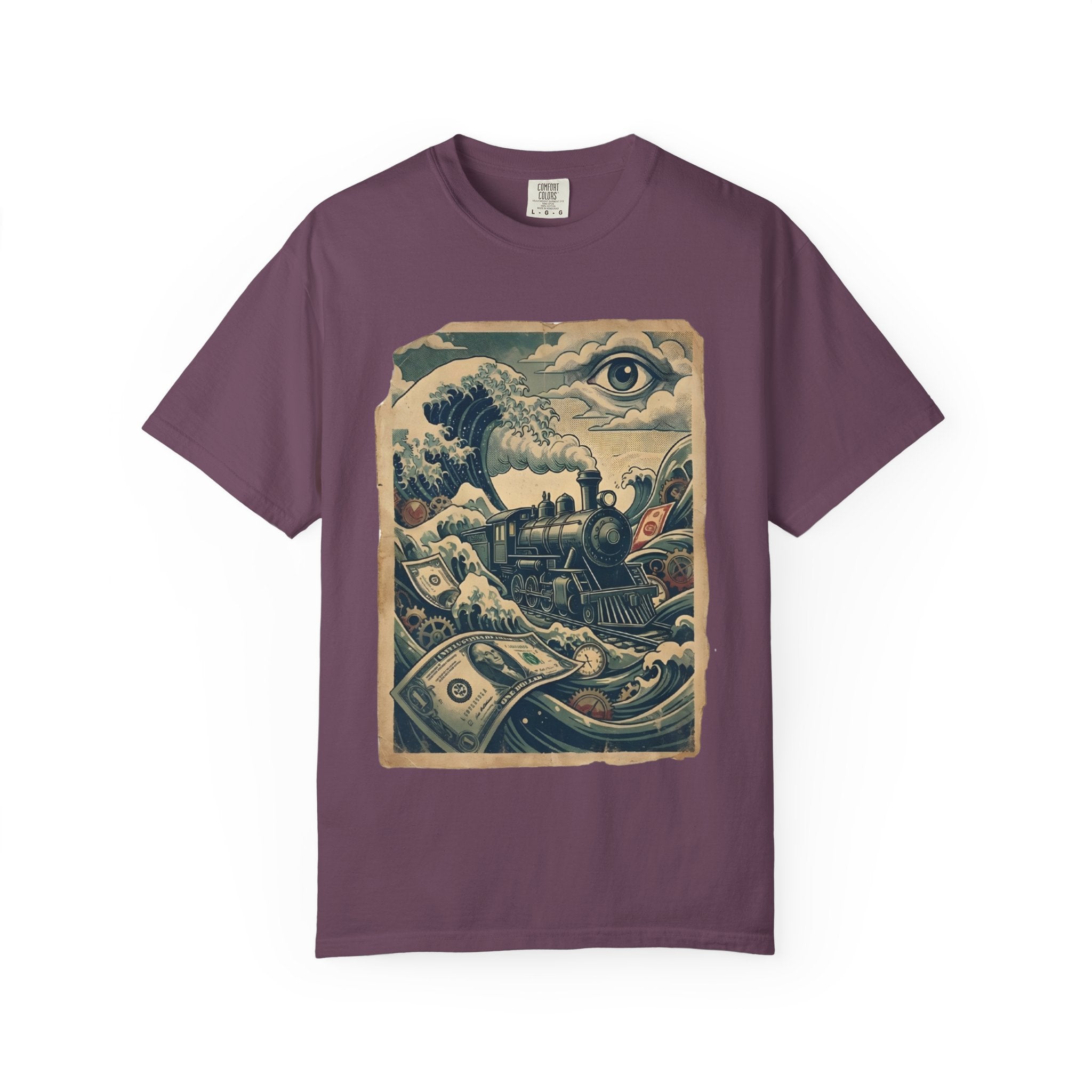 Financial Tsunami T-Shirt - Steam Train Economic Crisis Tee - Vintage Surrealist Satire Shirt - Sarcastic Money Wave Graphic Berry