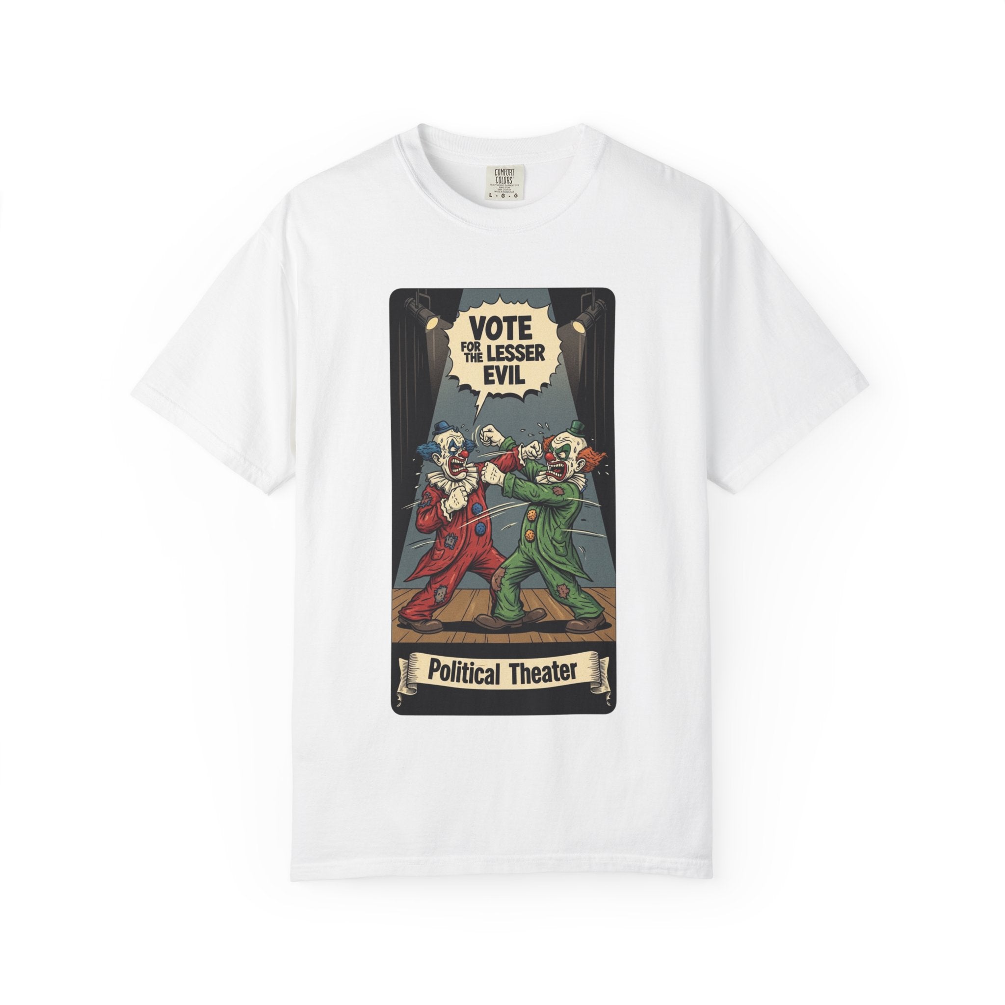 Vintage Satirical T-Shirt | Political Theater & System is Rigged Retro Tee | Sarcastic Dark Humor Shirt | Unisex Premium Cotton Graphic Tee White