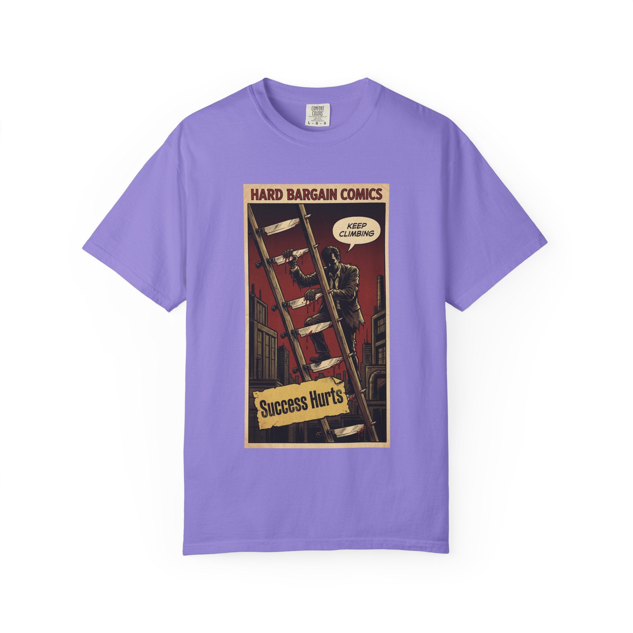 Success Hurts T-Shirt - Keep Climbing Hard Bargain Comic Tee - Vintage Retro Streetwear - Edgy Motivational Hustle Shirt - Grunge Graphic Apparel Violet
