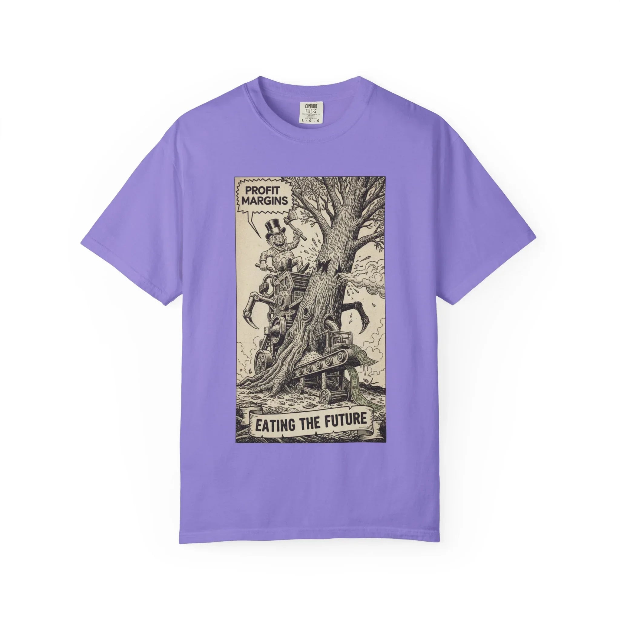 Eating The Future Shirt - Satirical Political Graphic Tee - Vintage Woodcut Eco Activist T-Shirt - Corporate Greed Social Commentary - Environmental Awareness Aesthetic Streetwear Violet