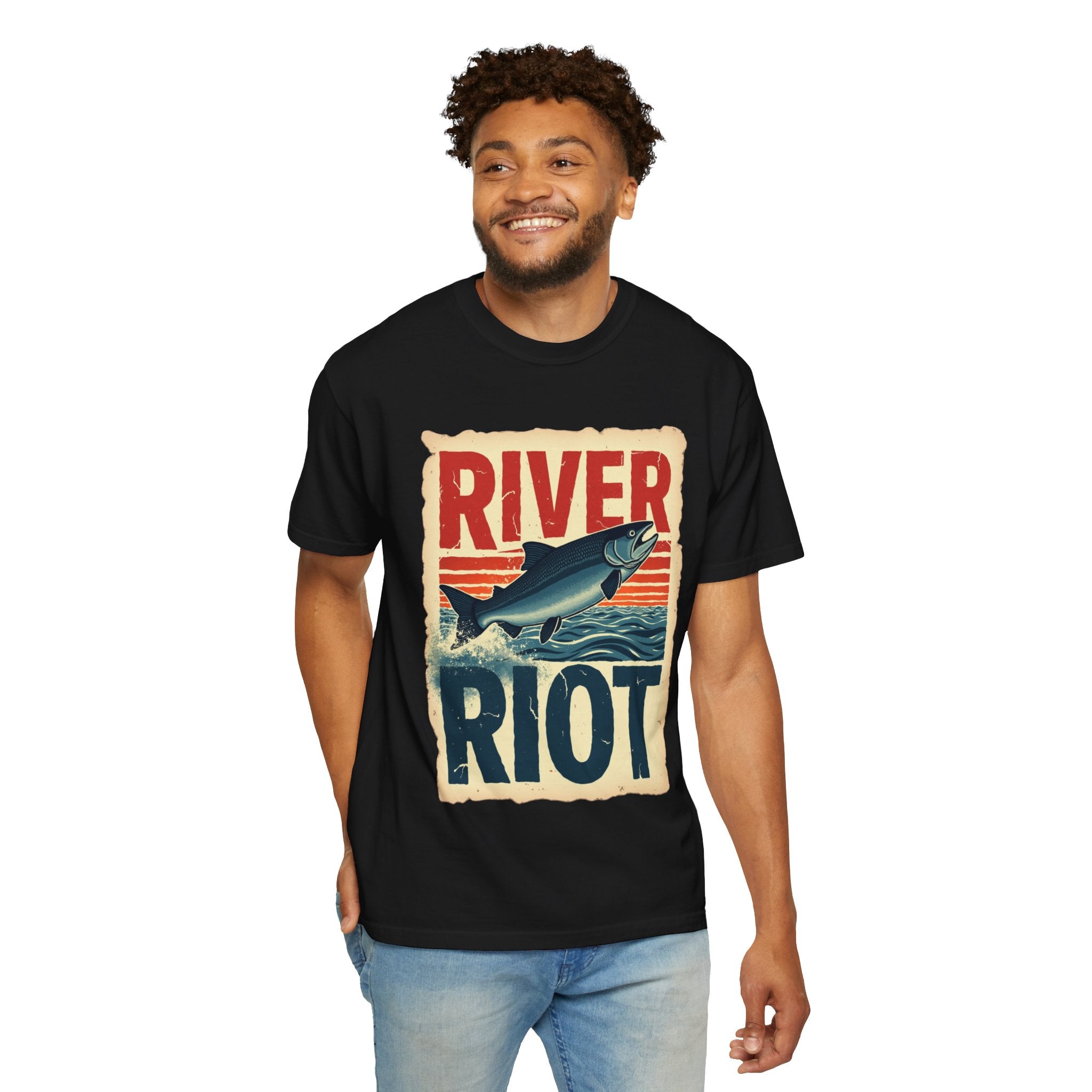 River Riot Salmon T-Shirt, Retro Fishing Graphic Tee, Vintage Fish Poster Design, Leaping Salmon Sunburst Stripes, Unisex Garment-Dyed