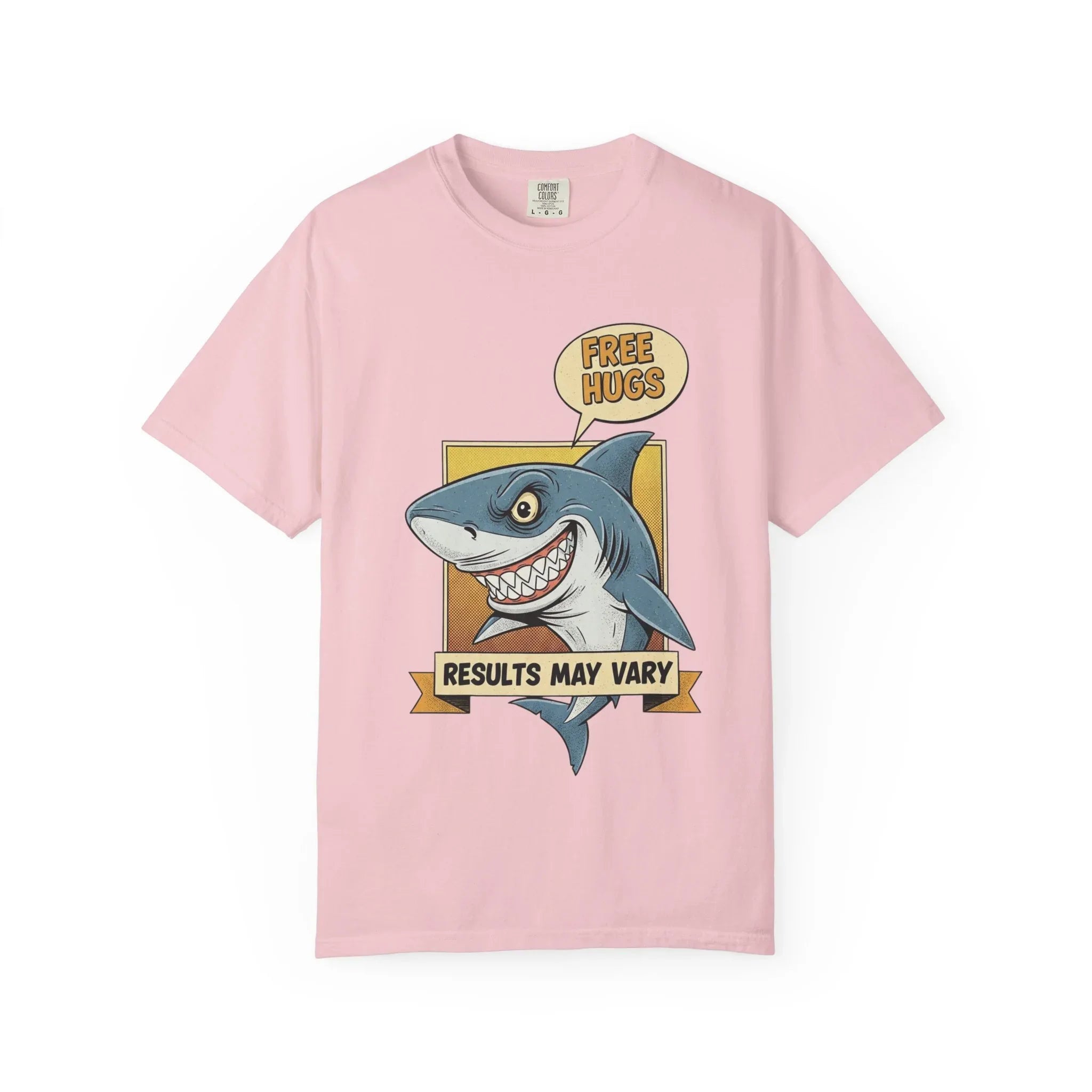 Funny Shark Shirt - "Free Hugs" Sarcastic Vintage Graphic Tee - Results May Vary Dark Humor Gift - Retro Great White Shark Top - Men's & Women's Dad Joke Clothing Blossom