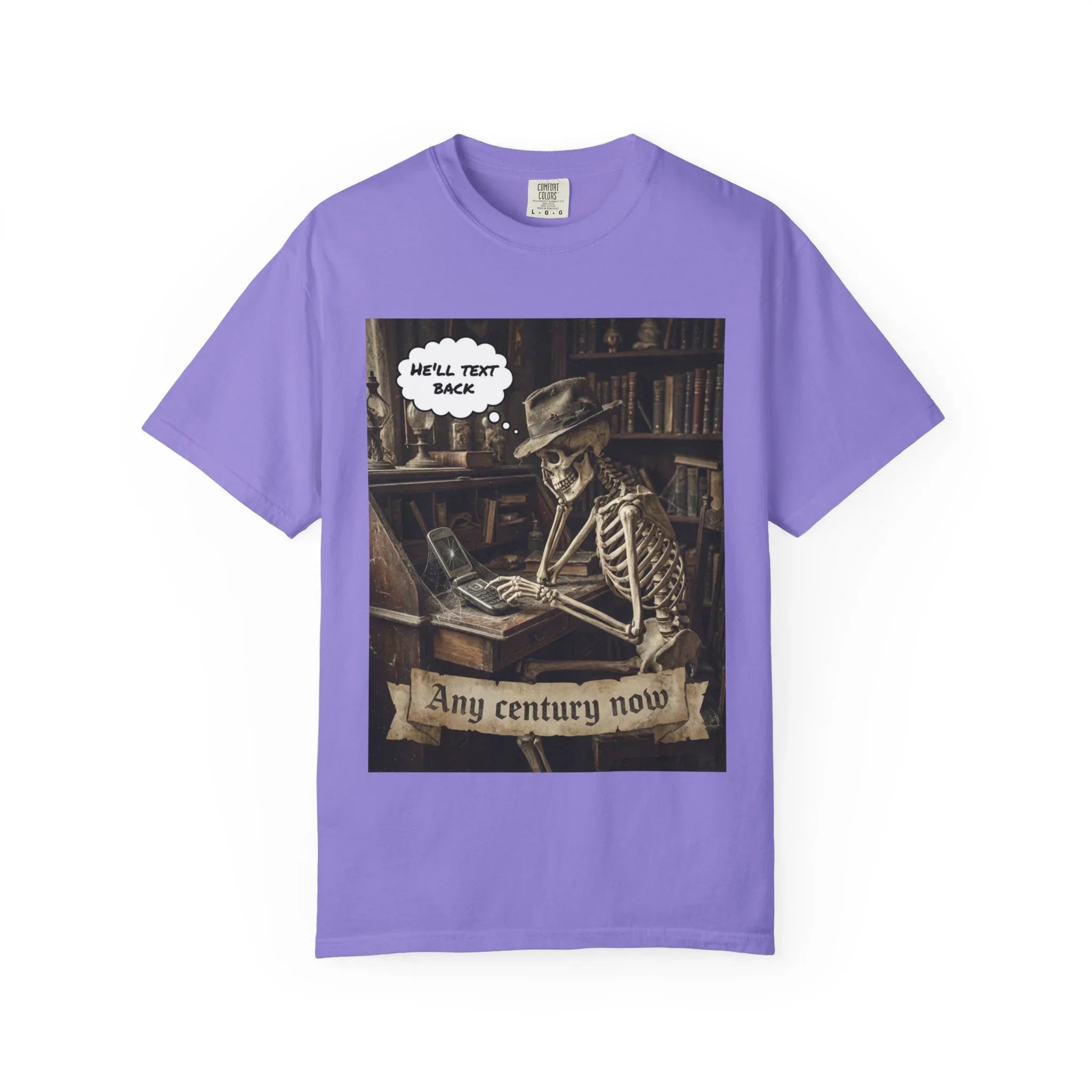 Any Century Now" Skeleton Graphic Tee - Funny Ghosted Dark Humor Streetwear Violet