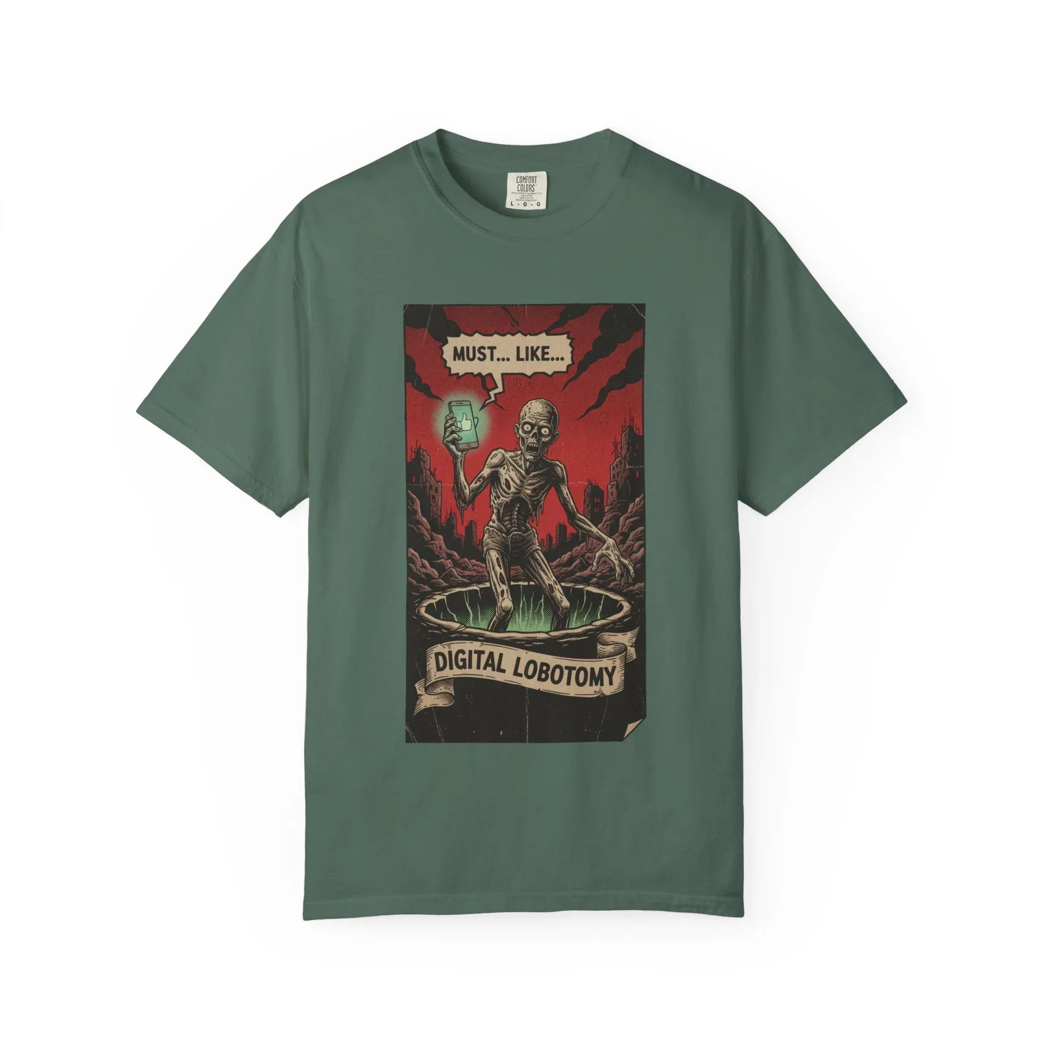 Digital Lobotomy Shirt - Vintage Horror Zombie T-Shirt - Social Media Satire Tee - Retro Comic Style Graphic Shirt - Smartphone Addict Dark Humor Gift - Tech Skeptic Streetwear Blue Spruce
