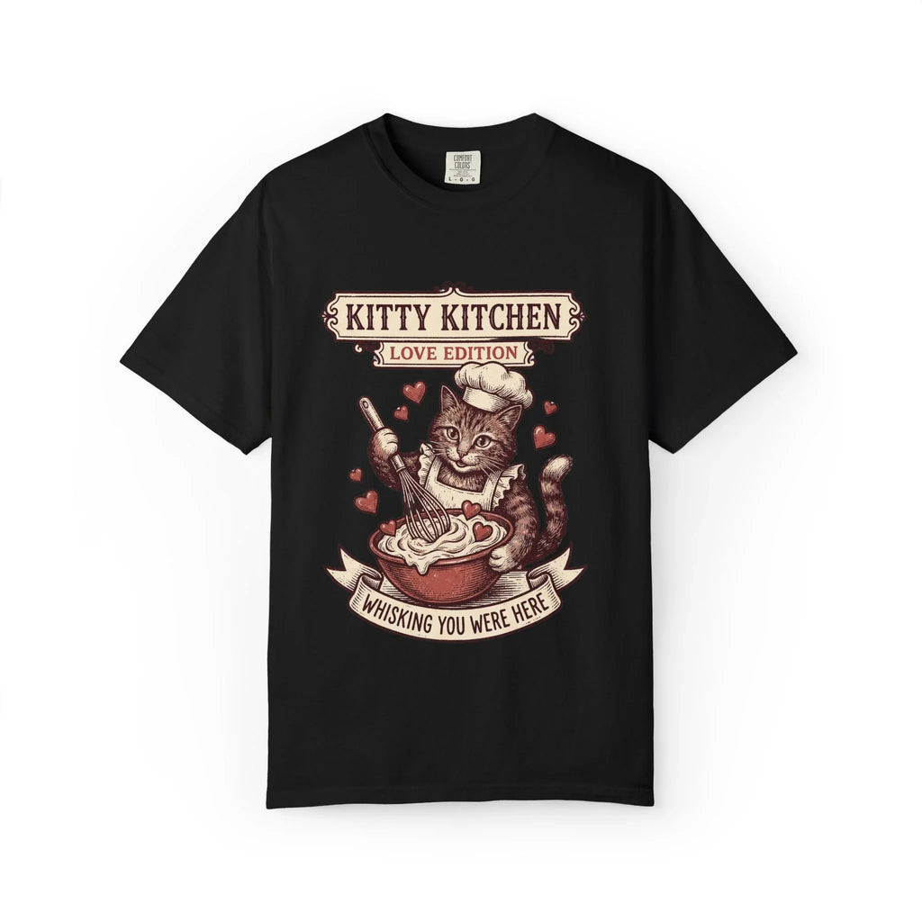 Kitty Kitchen Love T-Shirt | Vintage Cat Chef Whisking You Were Here Graphic Tee Black