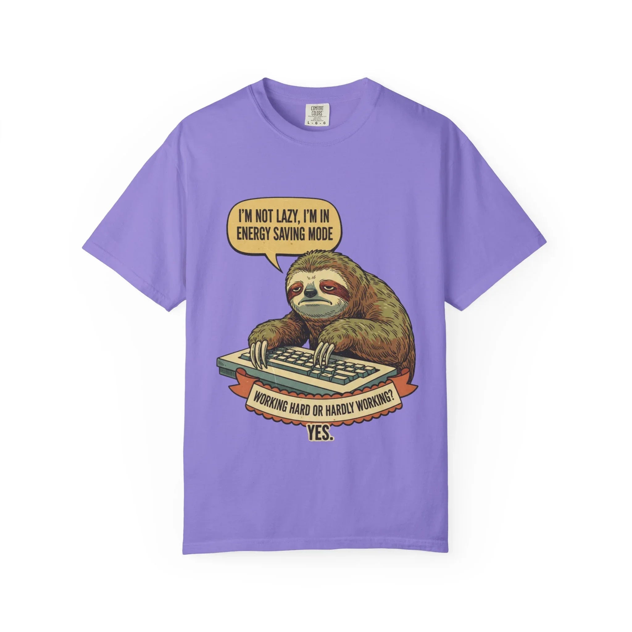 Funny Sloth Shirt - "I'm In Energy Saving Mode" Office Humor Tee - Programmer T-Shirt - Lazy Animal Lover Gift - Retro Style Sloth Graphic Tee Violet