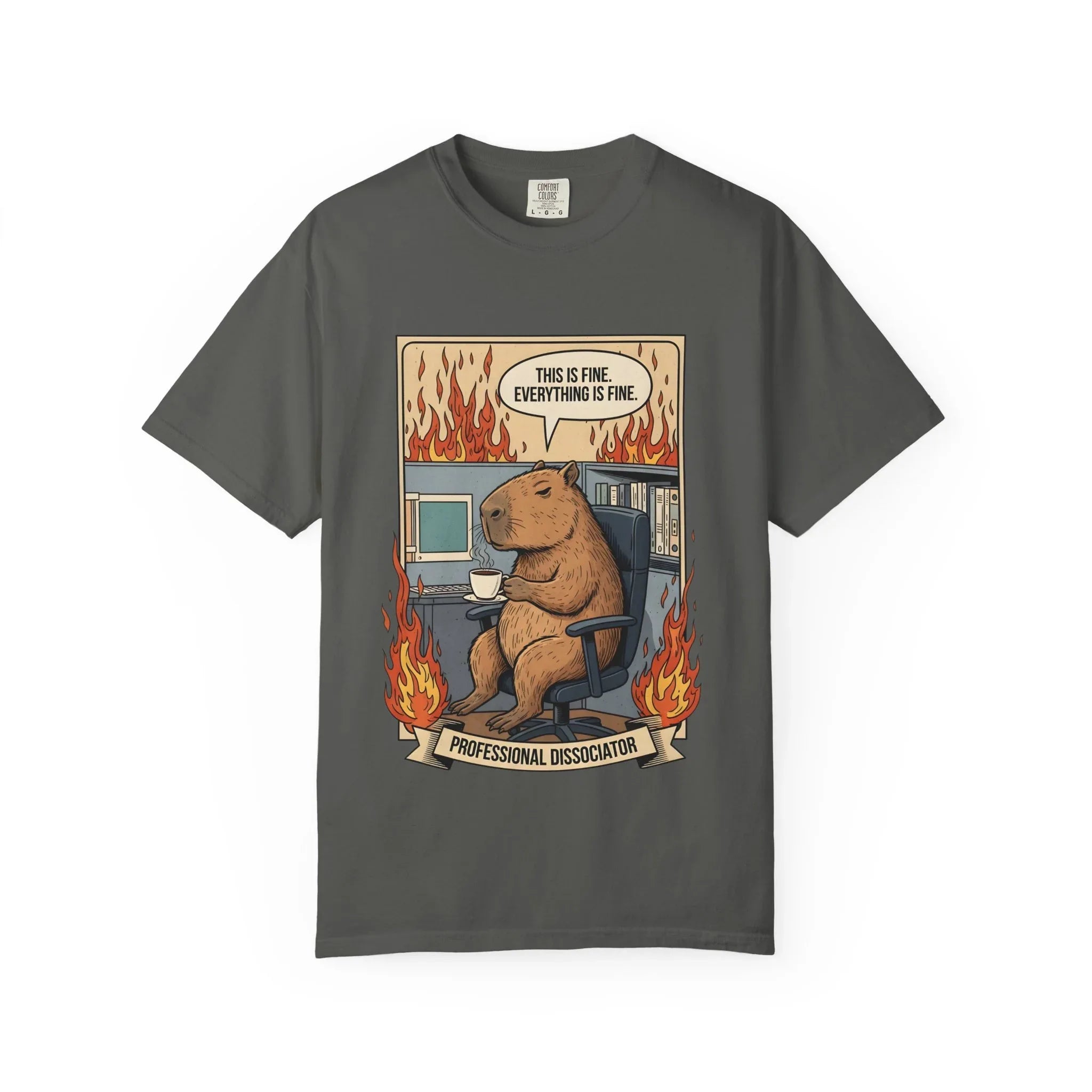 Funny Capybara Shirt - "This Is Fine" Meme Hoodie - Professional Dissociator Gift - Office Humor Graphic Tee - Anxiety & Mental Health Crewneck - Cute Chill Rodent Top Pepper