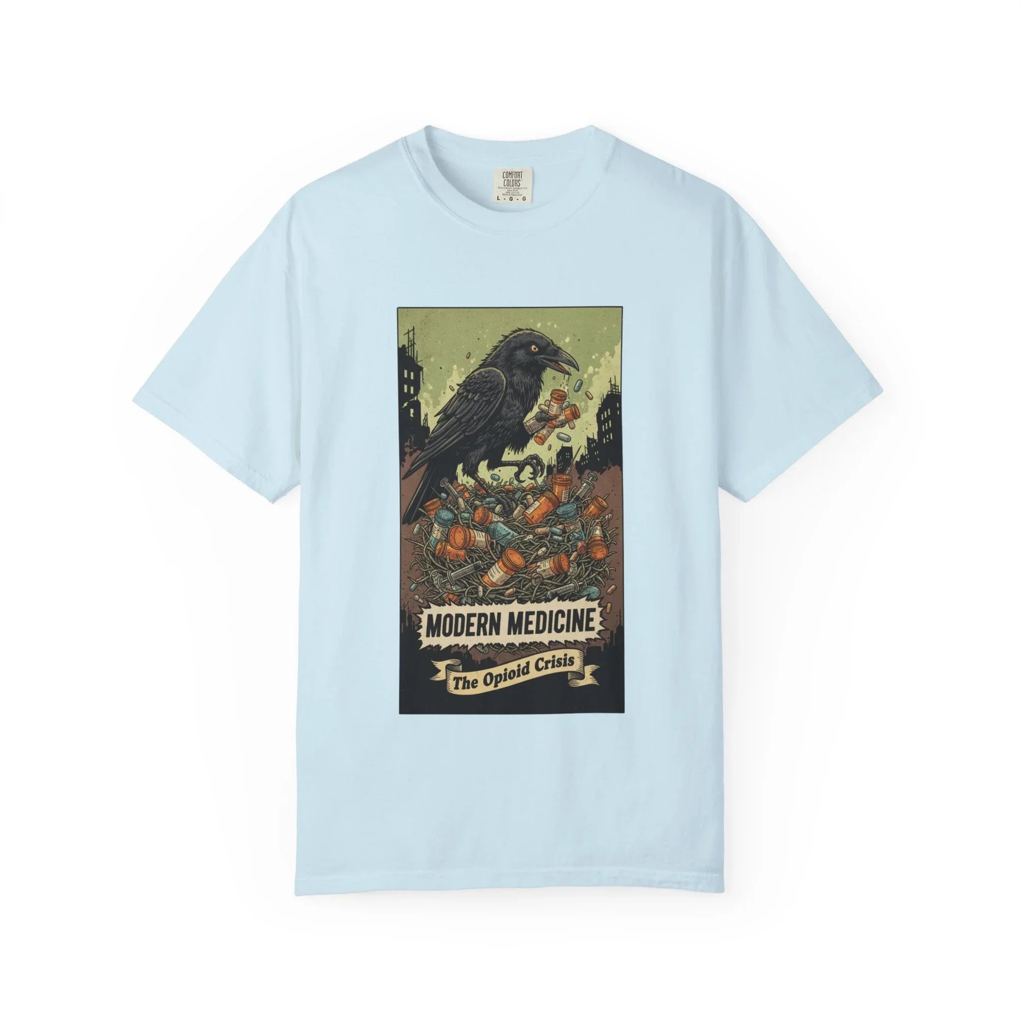 Modern Medicine Raven Shirt - Opioid Crisis Satire Tee - Dark Gothic Graphic T-Shirt - Vintage Social Commentary Art - Raven Nest Medicine Bottle Dark Humor Streetwear Chambray