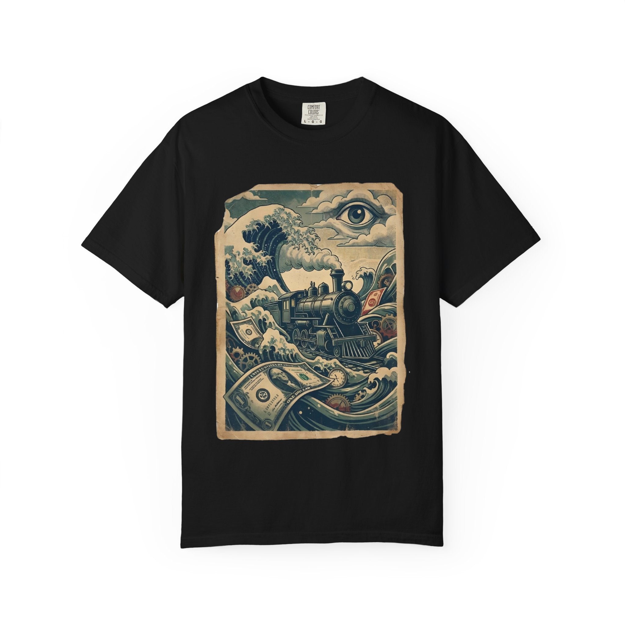 Financial Tsunami T-Shirt - Steam Train Economic Crisis Tee - Vintage Surrealist Satire Shirt - Sarcastic Money Wave Graphic Black