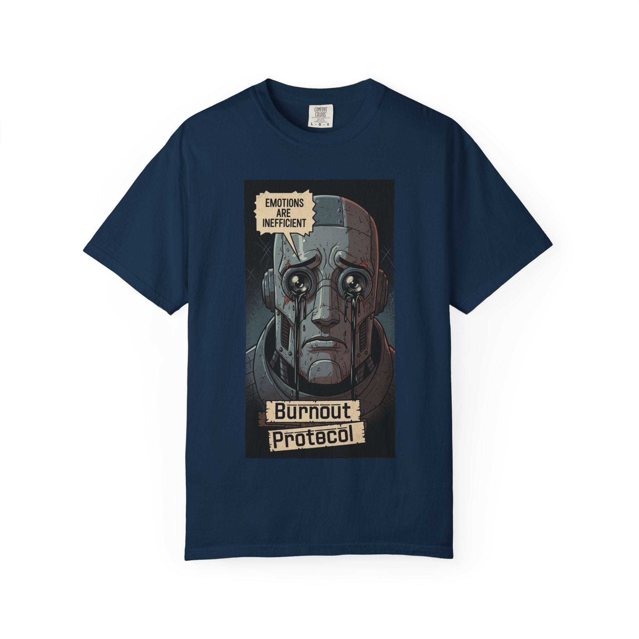 Burnout Protocol Robot Shirt Retro Comic Graphic Tee Sarcastic Android Emotions Are Inefficient Top Vintage Tech Gift for Engineers True Navy