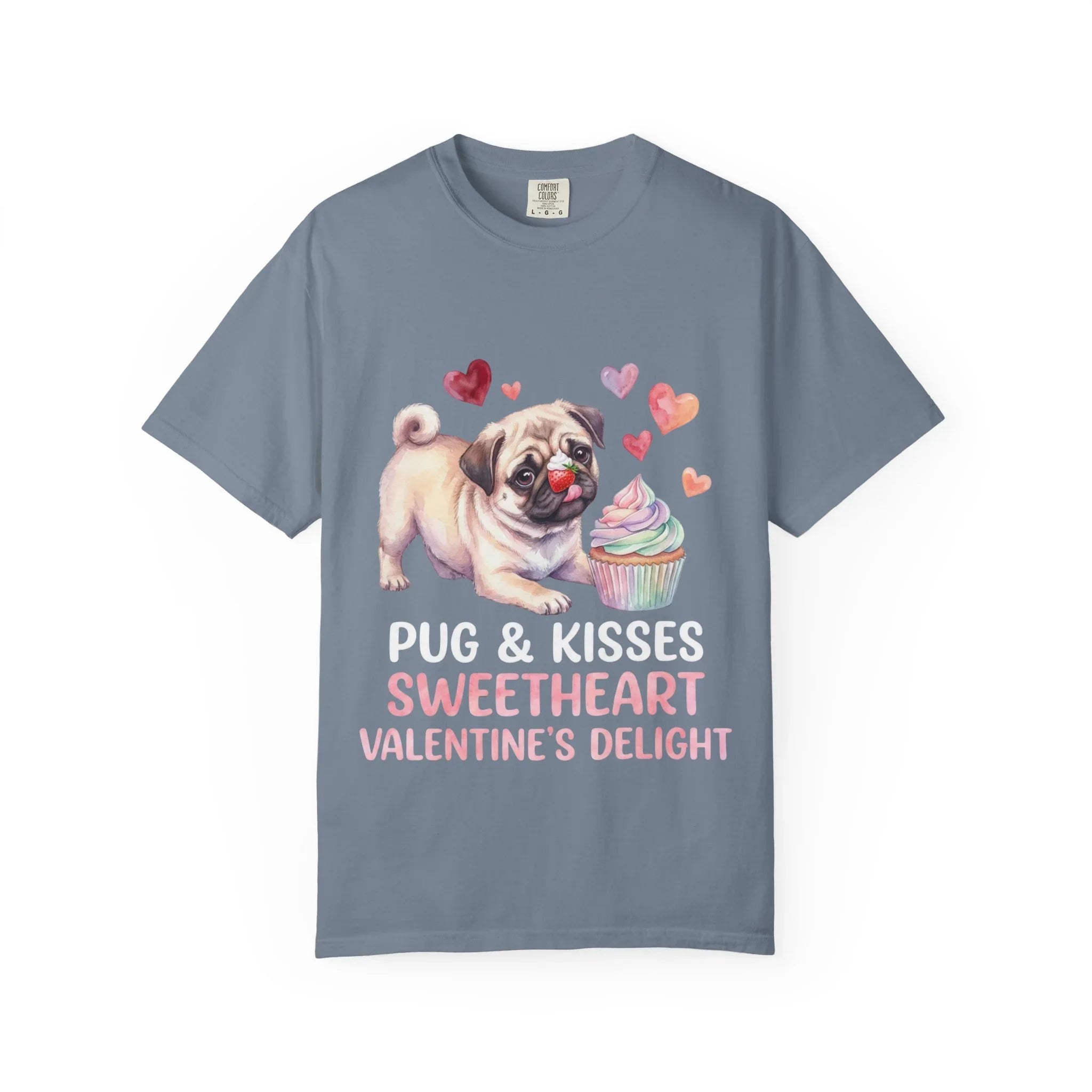 Pug Cupcake Sweetheart Valentines Delight T Shirt Cute Dog Hearts Watercolor Cozy Vintage Aesthetic Gift Pug Lovers Soft Cotton Romantic Tee Blue Jean