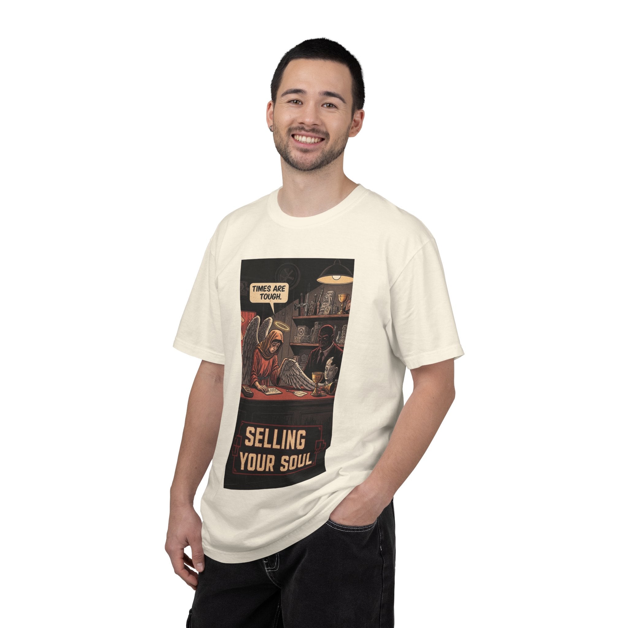 Selling Your Soul Shirt - Vintage Pawn Shop Satire Tee - Angel Social Commentary T-Shirt - Dark Humor Philosophy Gift - Retro Comic Graphic Apparel