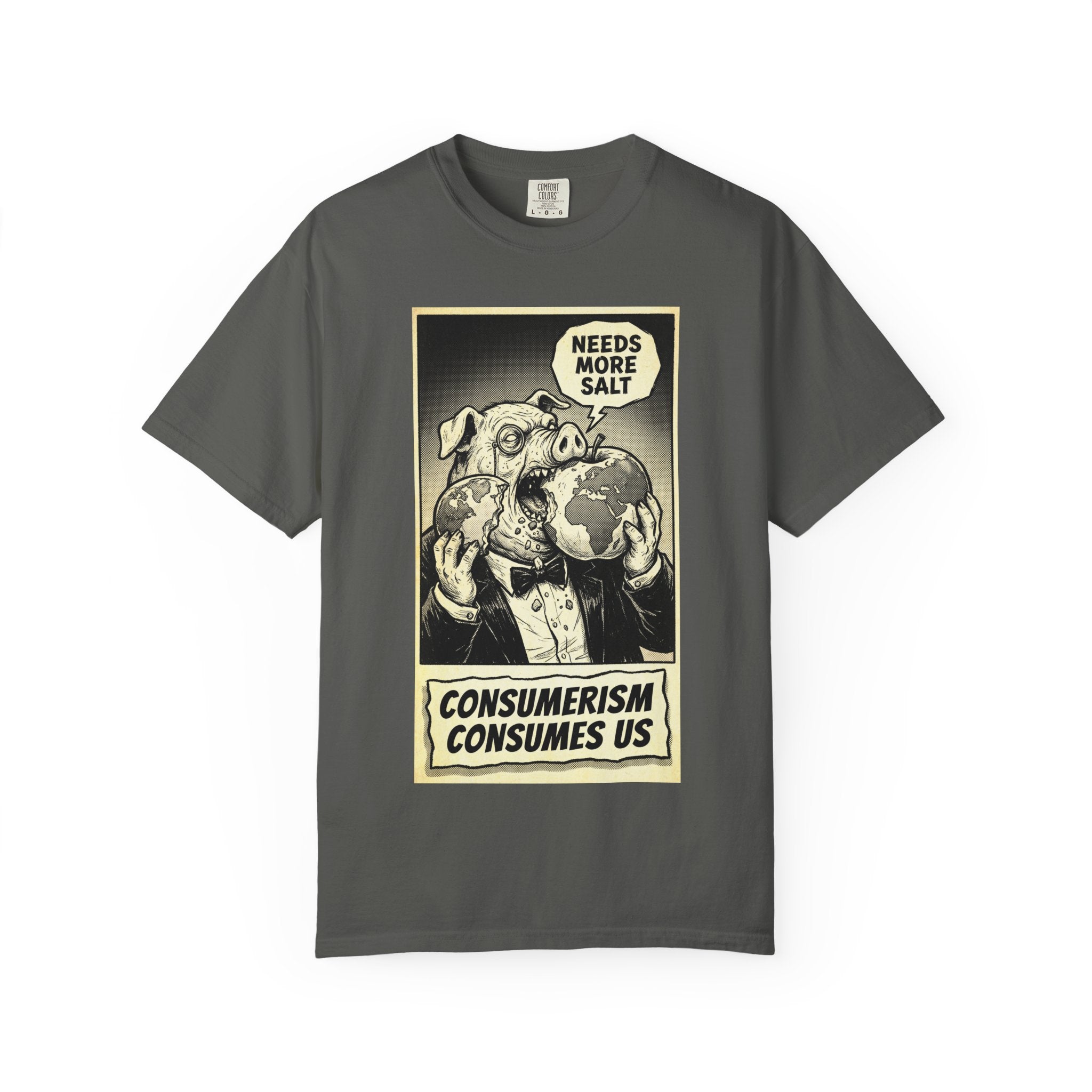Consumerism Consumes Us T-Shirt | Vintage Satire Corporate Pig Graphic Tee | Anti-Capitalism Activist Apparel Pepper