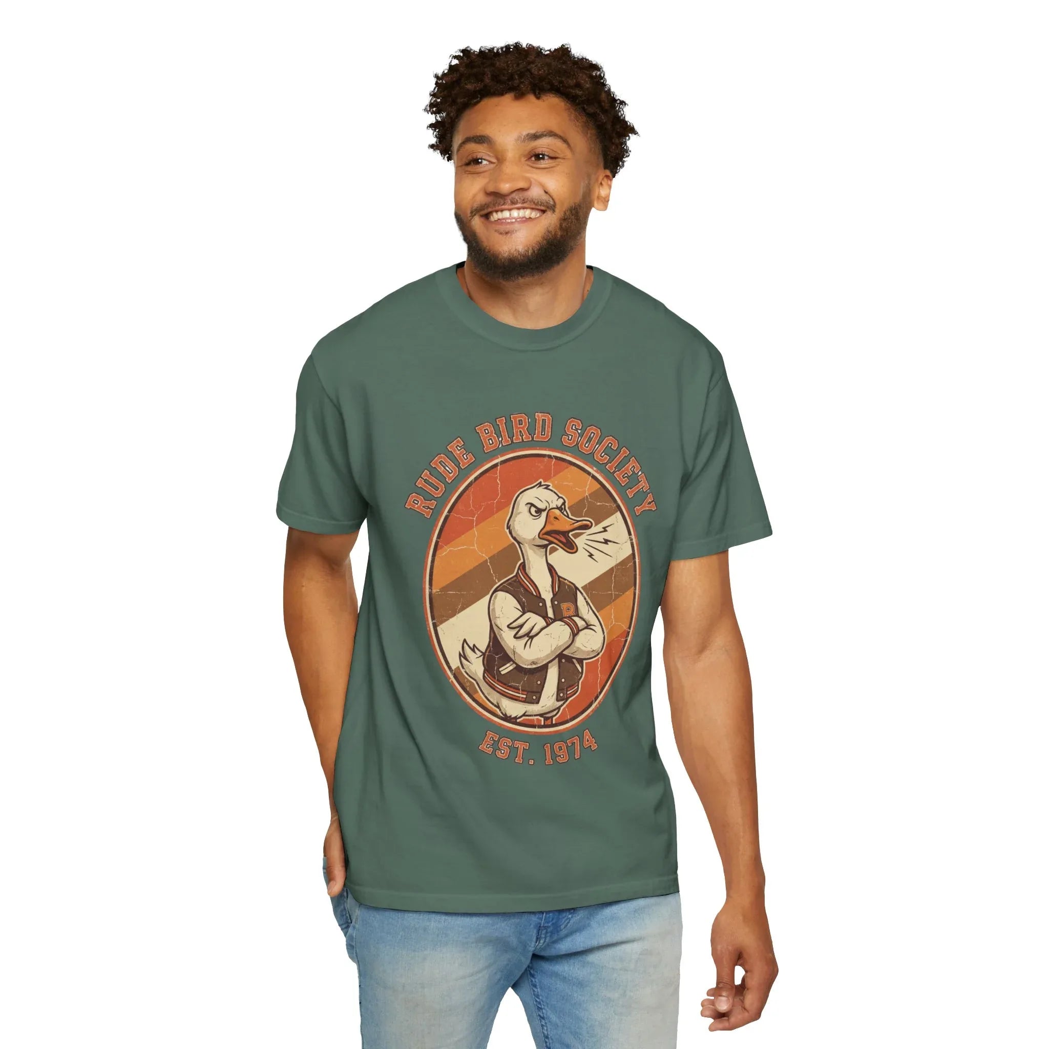 Dude Bird Society Goose T-Shirt | Retro Vintage Badge Est 1974 | Sunset Stripes Graphic | Garment-Dyed Heavyweight Unisex Blue Spruce